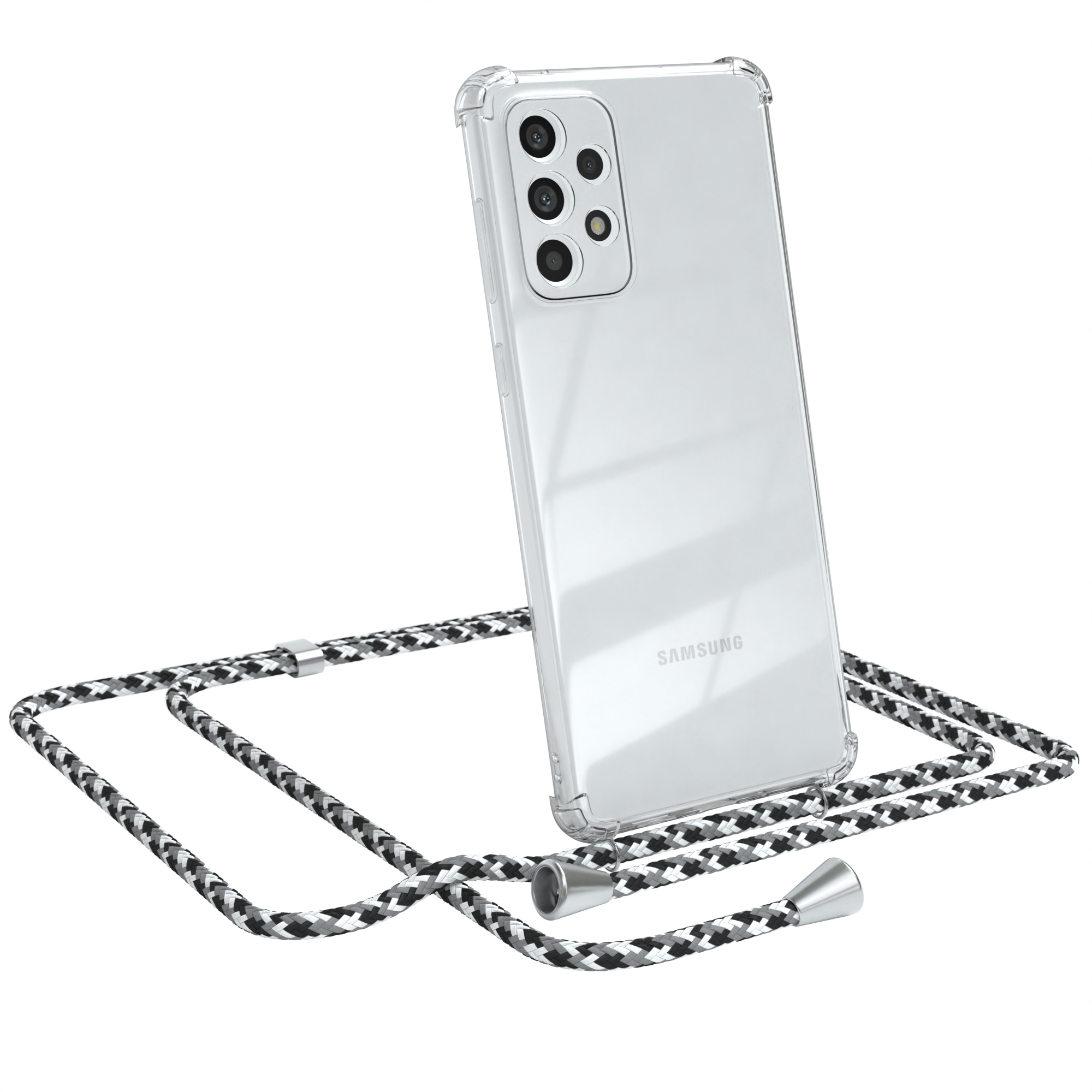 Transparente Handyhülle mit grau-schwarzem Seil und silbernen Akzenten. Samsung Telefon.