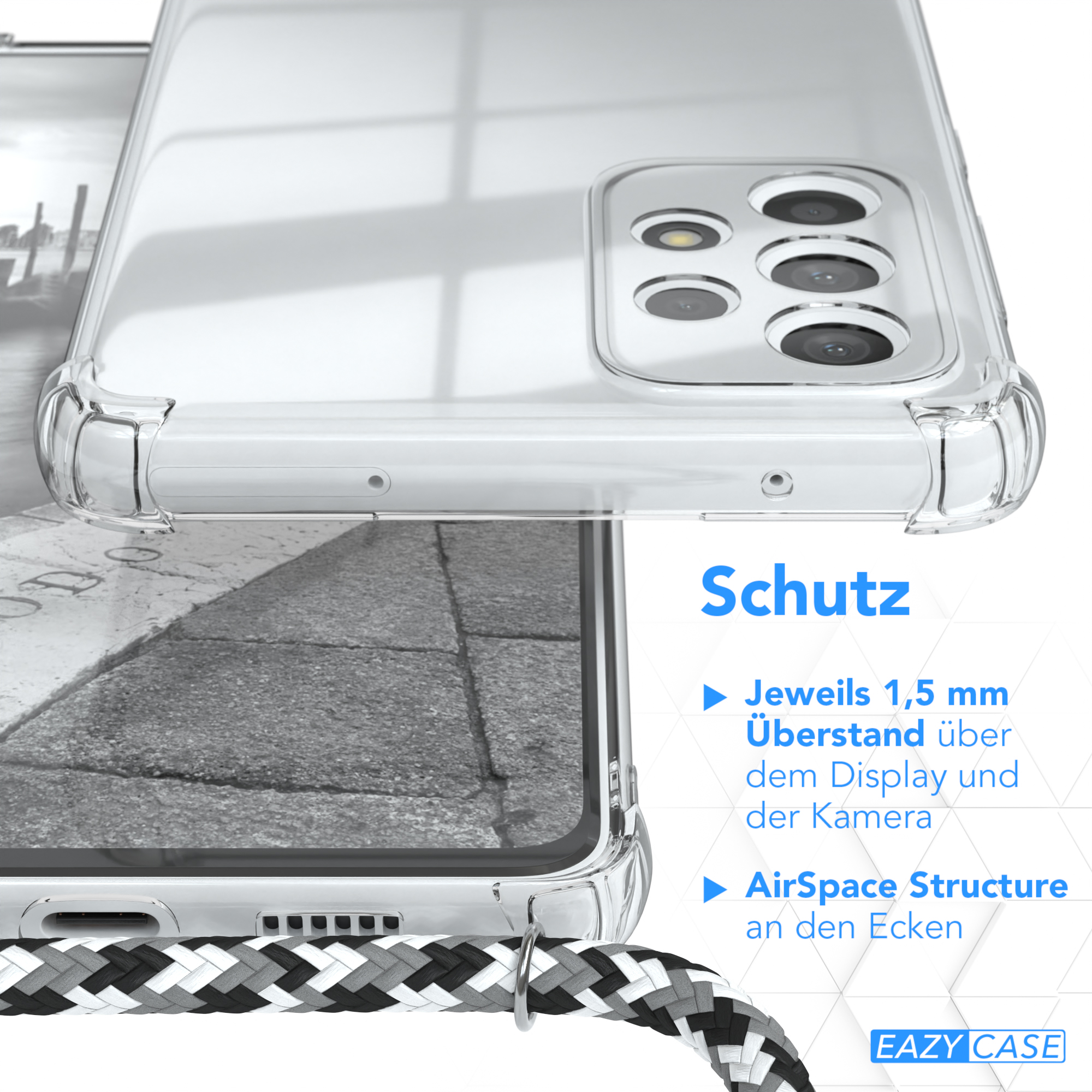Transparente Handyhülle. Text 'Schutz' mit Details. Schwarz-weißes Seil befestigt.