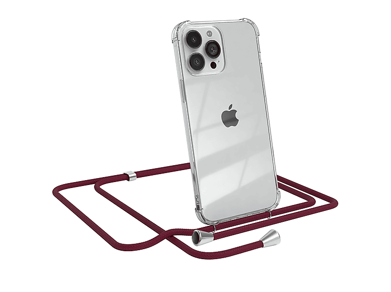 EAZY CASE Clear Cover mit Umhängeband, Umhängetasche, Apple, iPhone 13 Pro Max, Bordeaux Rot / Clips Silber