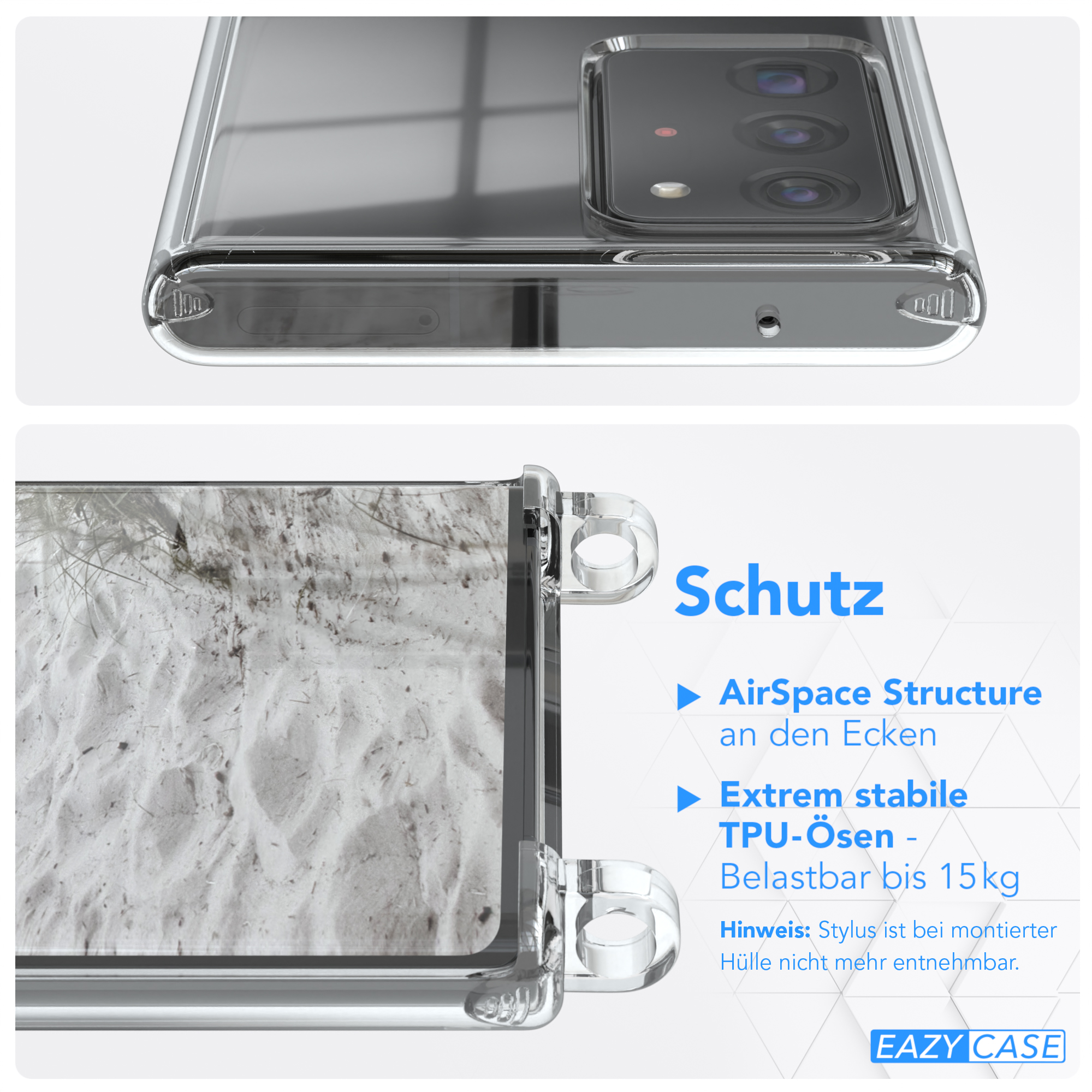 Transparente Handyhülle mit Details. Nahaufnahme zeigt Design und Schutzfunktionen.