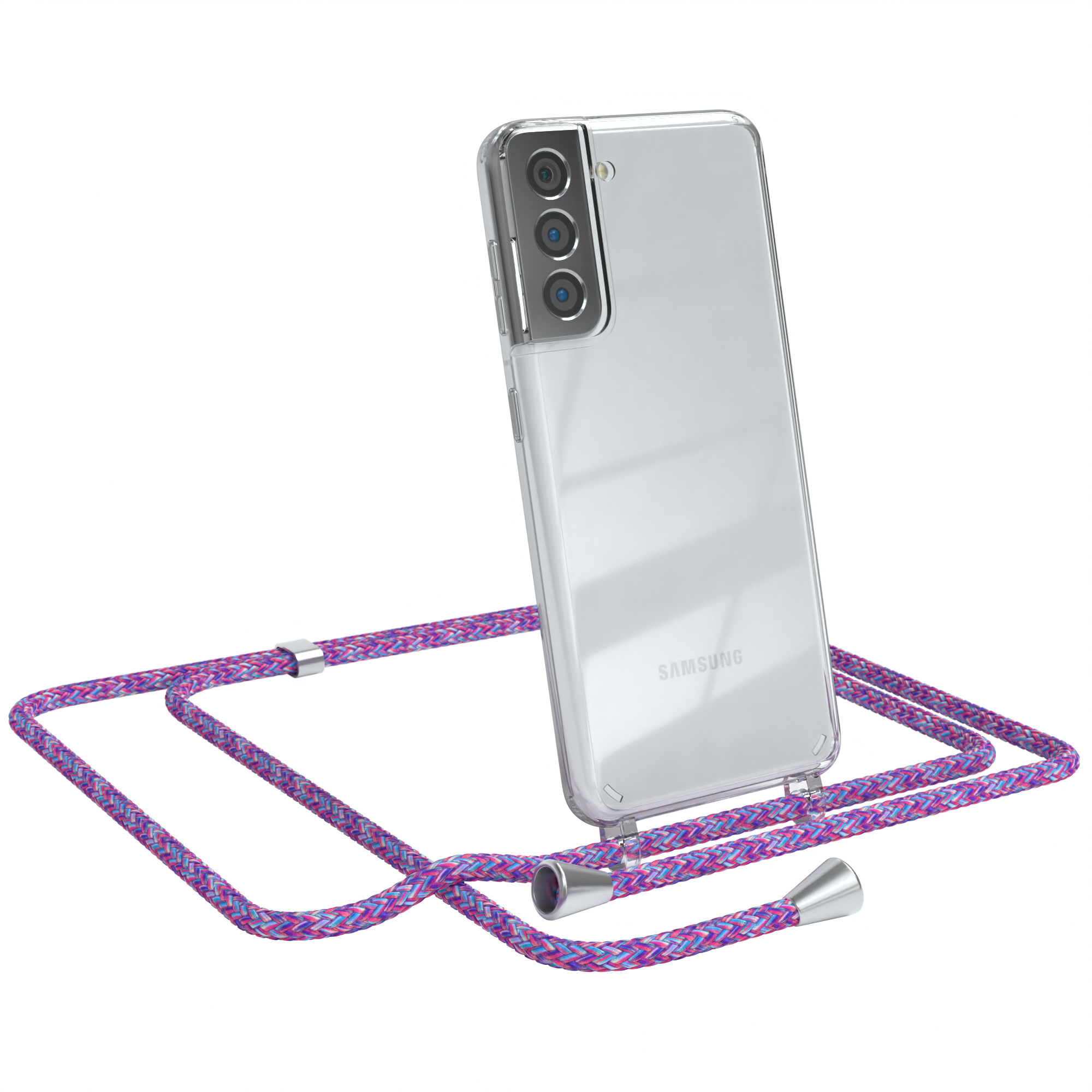 S21 Umhängeband, Lila Samsung, 5G, EAZY mit Galaxy Silber Clips CASE / Cover Clear Umhängetasche,