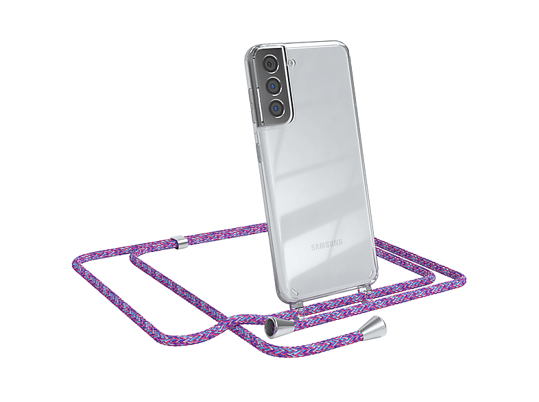 EAZY CASE Clear Cover mit Umhängeband, Umhängetasche, Samsung, Galaxy S21 5G, Lila / Clips Silber