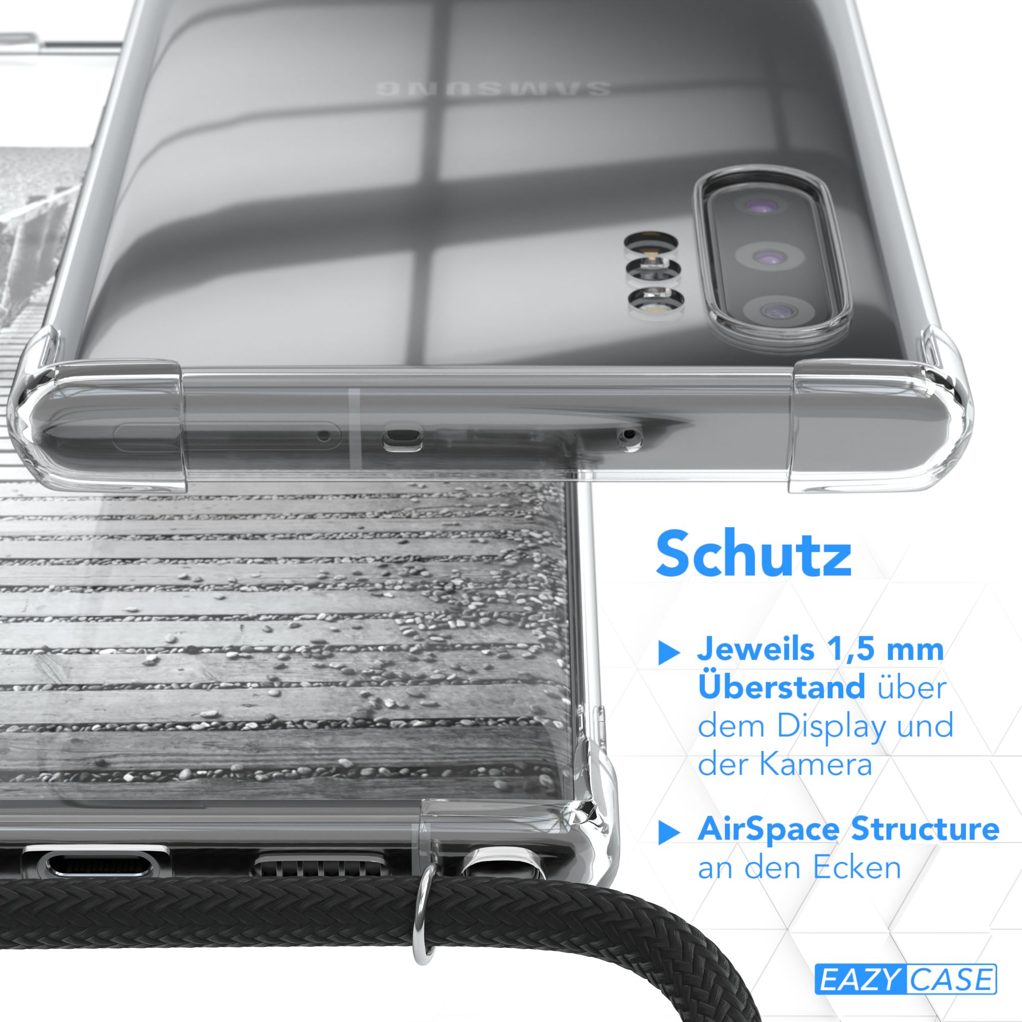 EAZY CASE Clear Cover mit Samsung, Galaxy Plus, 10 Note Umhängetasche, Schwarz Umhängeband
