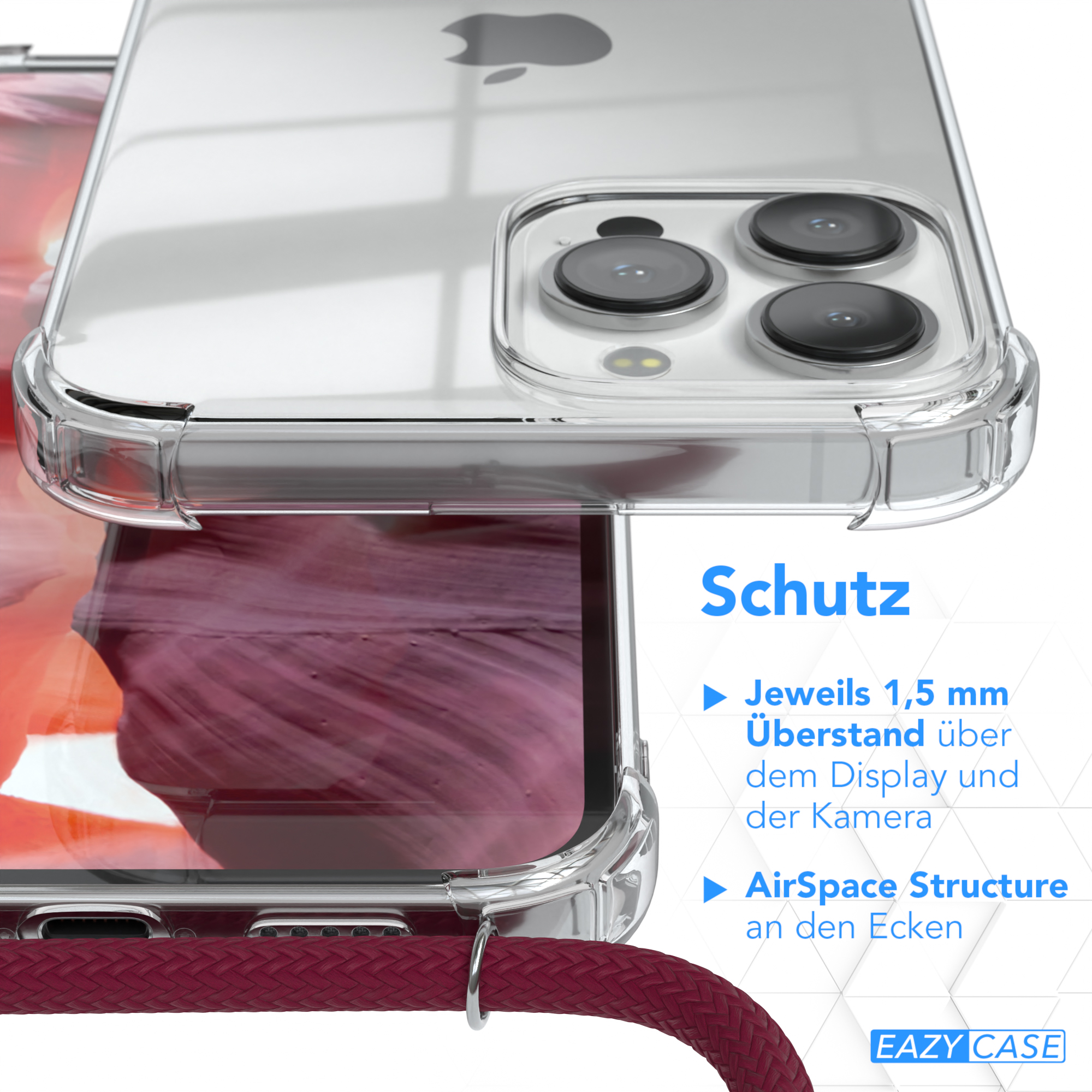 Cover iPhone mit / Rot Umhängetasche, CASE Apple, Clear Bordeaux Silber Max, Clips 13 EAZY Umhängeband, Pro