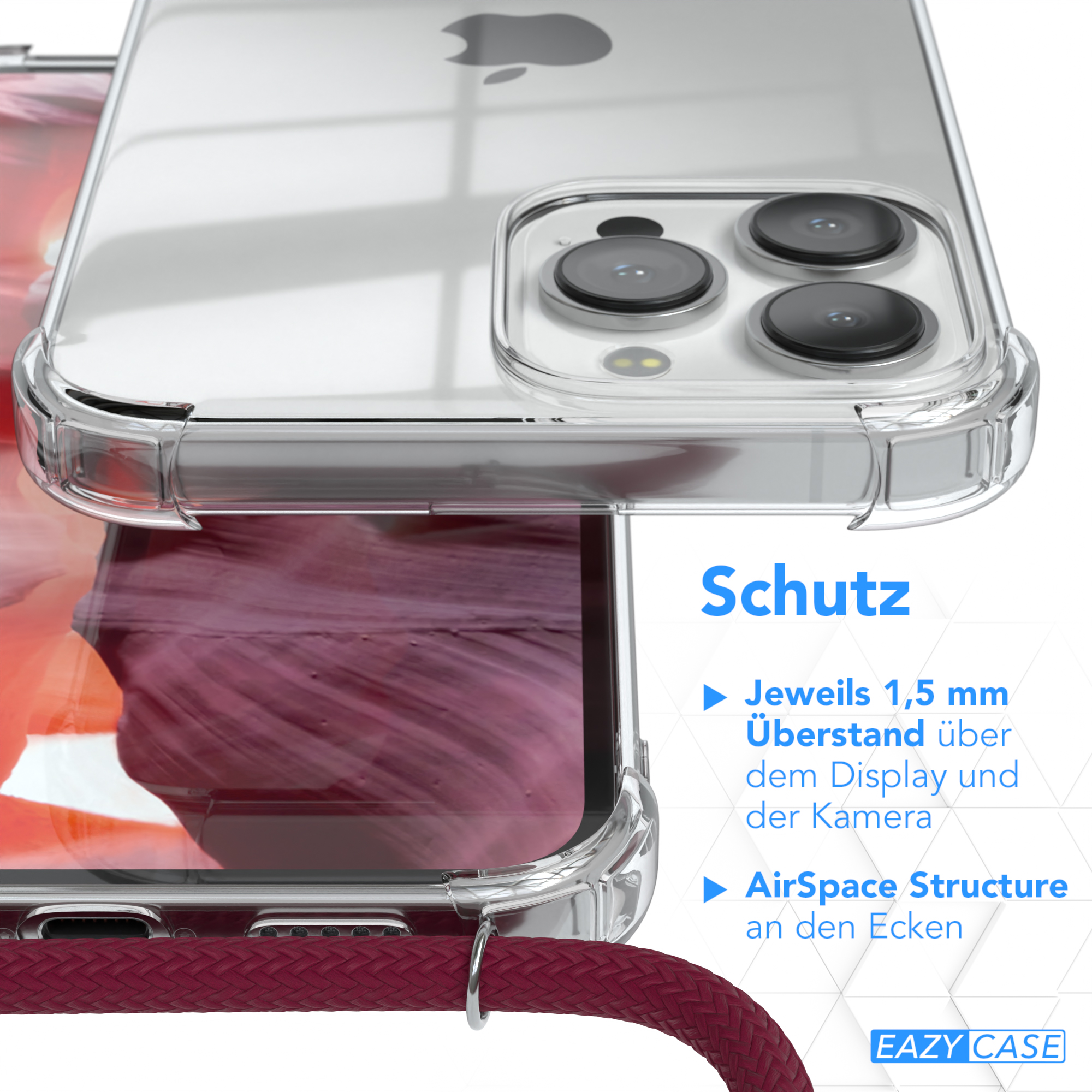 Klare Handyhülle auf Holz. Text: Schutz. Merkmale: AirSpace Structure, 1,5 mm Display- und Kameraüberstand.