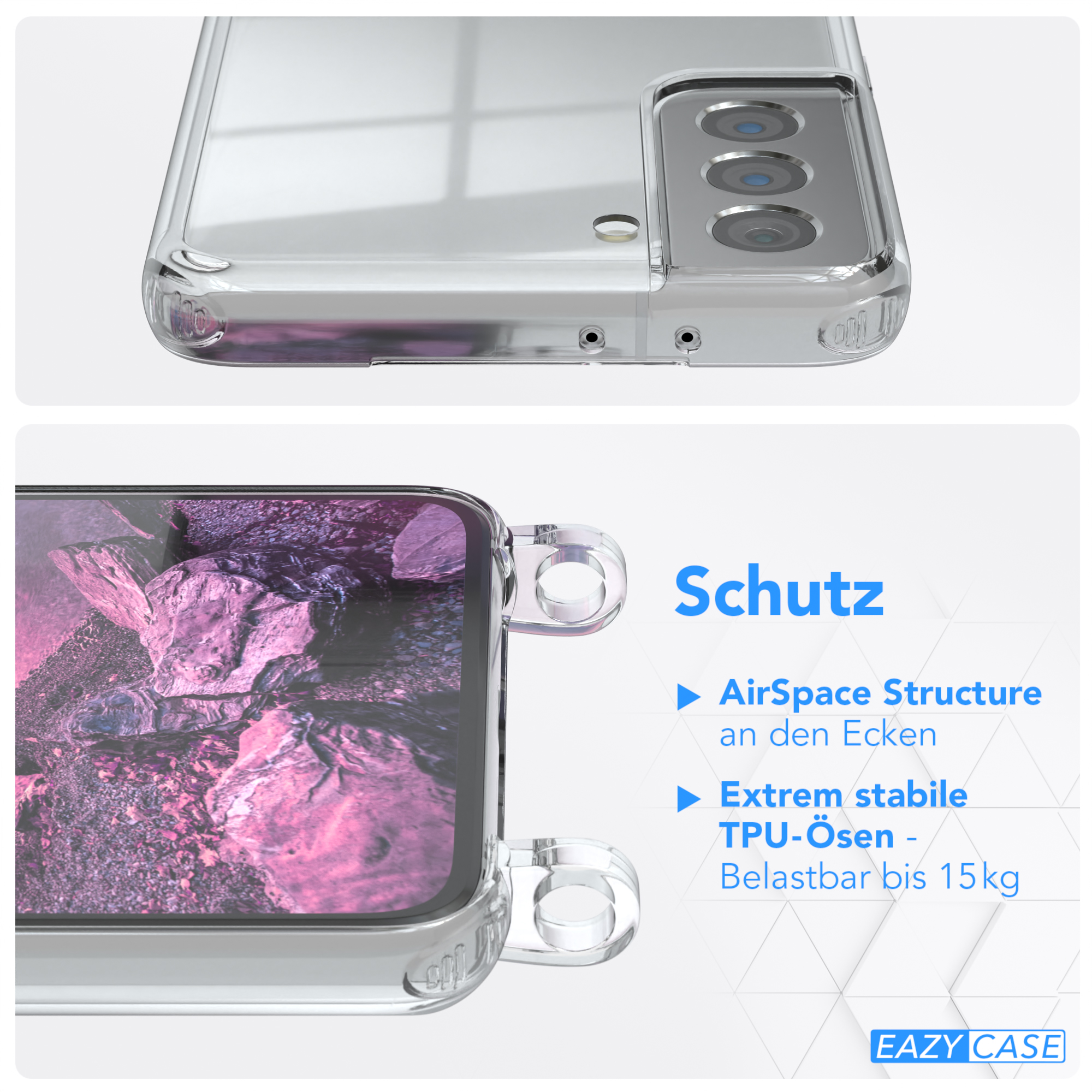 Transparente Handyhülle mit Nahaufnahme. Enthält Text und Telefondetails.