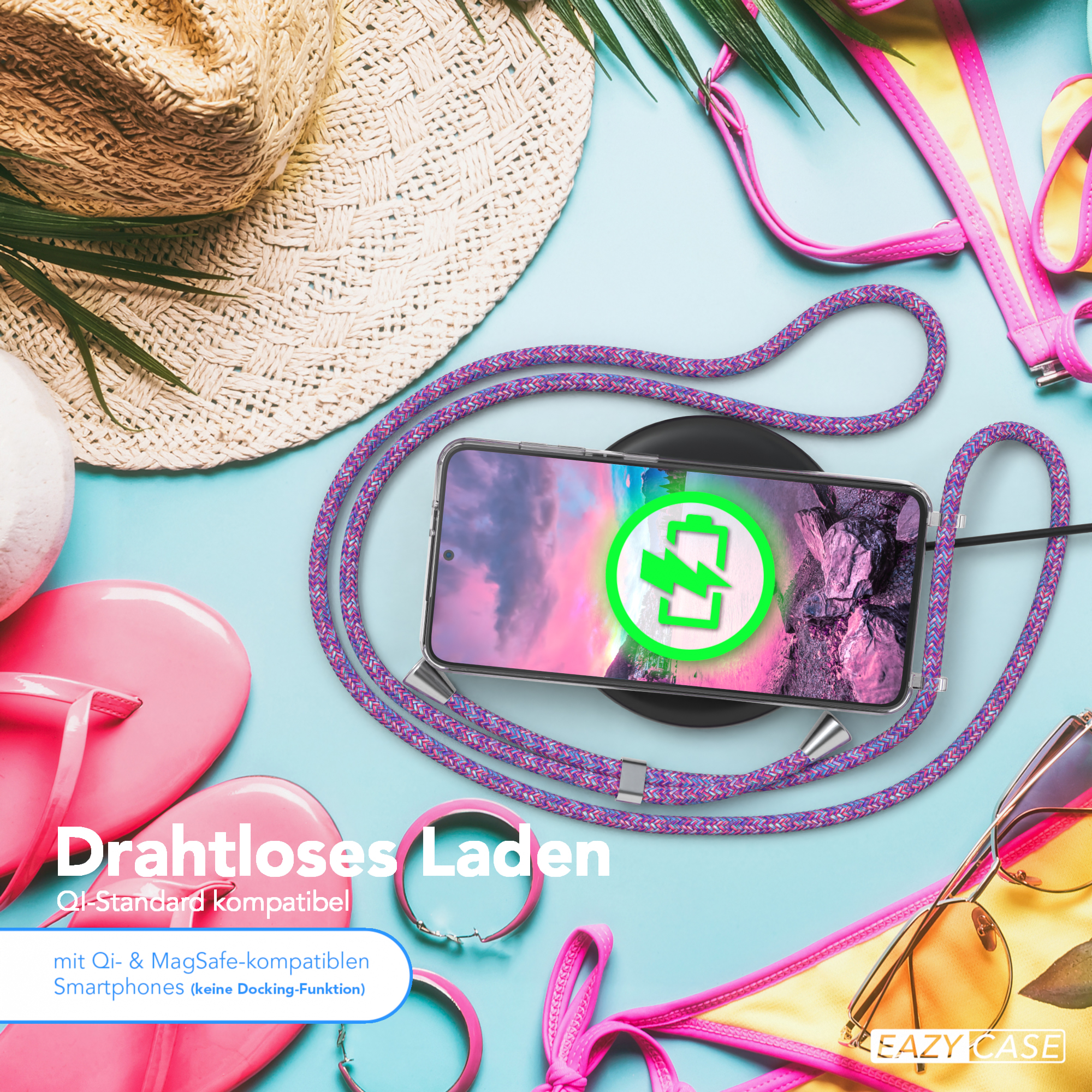 Telefon lädt auf einem Pad. Ein Hut, Strandaccessoires und Text über kabelloses Laden.