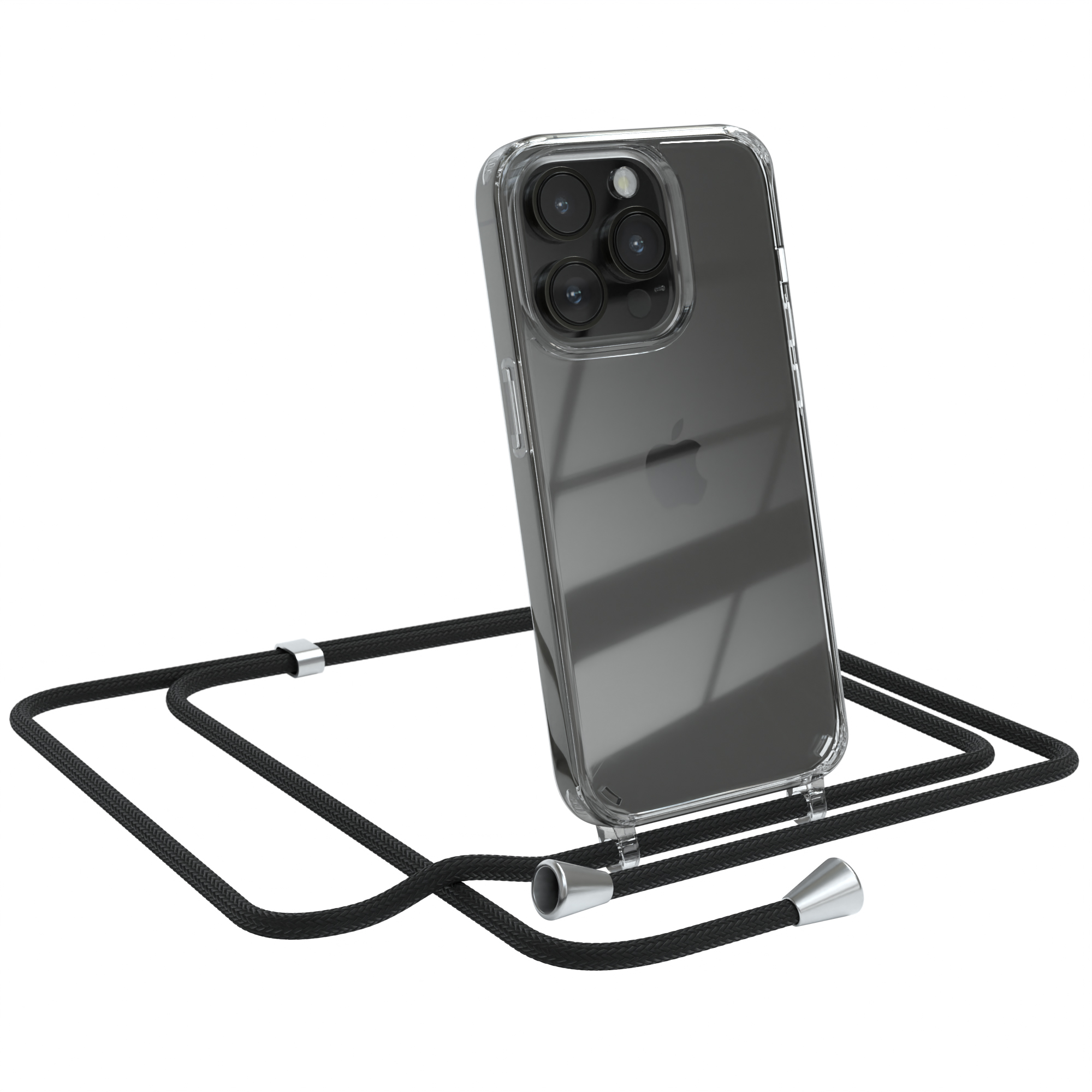 Transparente Handyhülle mit schwarzem Lanyard. Silberne Details. Telefon zeigt Apple-Logo.