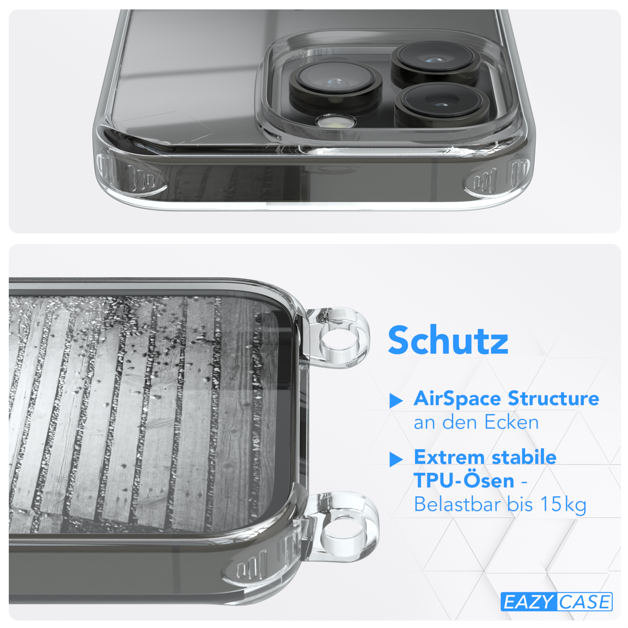 Nahaufnahme einer Handyhülle mit Details, 'AirSpace Structure' und 'TPU-Ösen'.