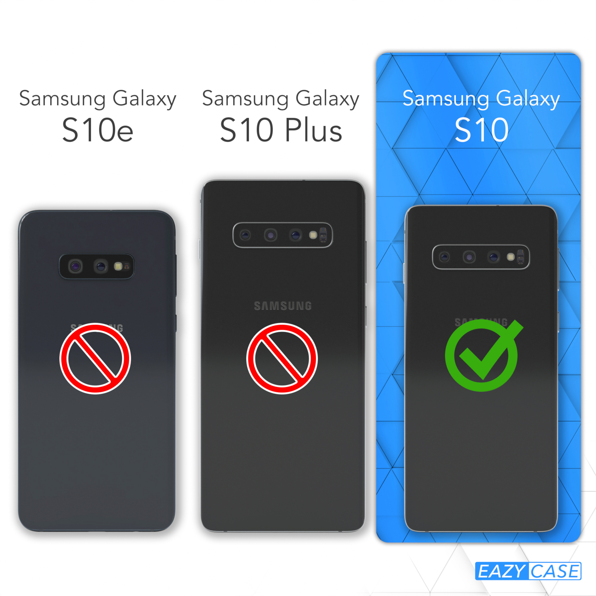 Drei schwarze Samsung-Telefone, S10e und S10 Plus mit rotem X, S10 mit grünem Häkchen, auf blauem Hintergrund.