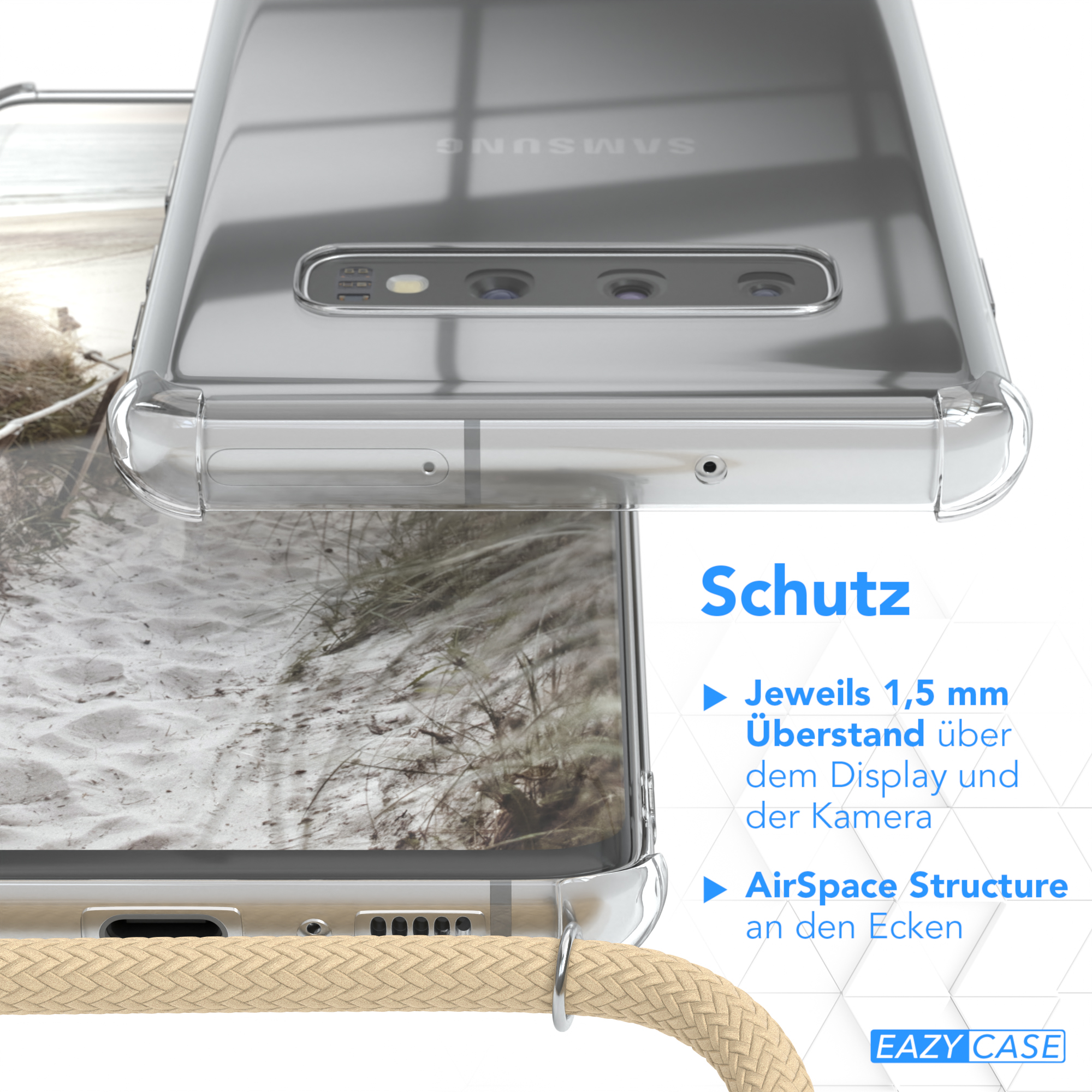 Transparente Handyhülle mit Text. Handyhülle auf Sandhintergrund.