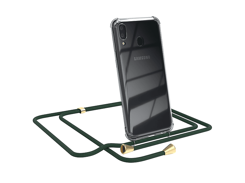EAZY CASE Clear Cover mit Umhängeband, Umhängetasche, Samsung, Galaxy M20, Grün / Clips Gold | Handyketten