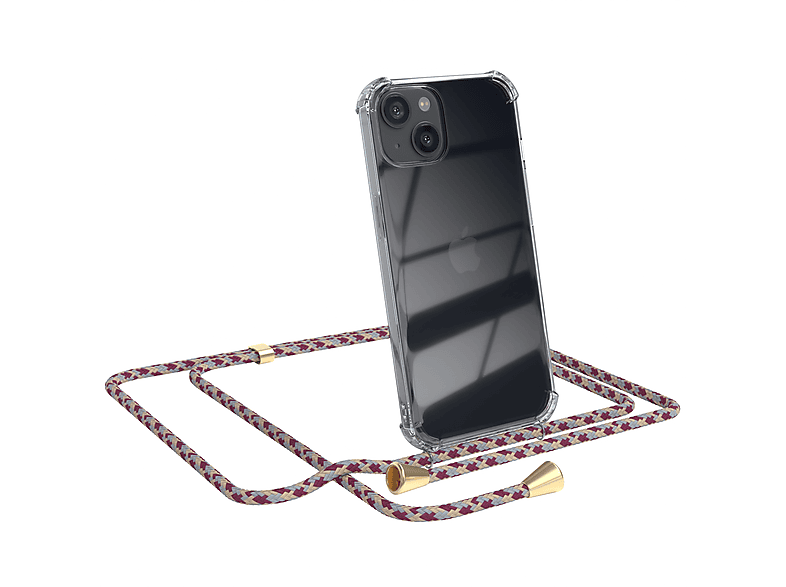 EAZY CASE Clear Cover mit Umhängeband, Umhängetasche, Apple, iPhone 13, Rot Beige Camouflage / Clips Gold | Handyketten