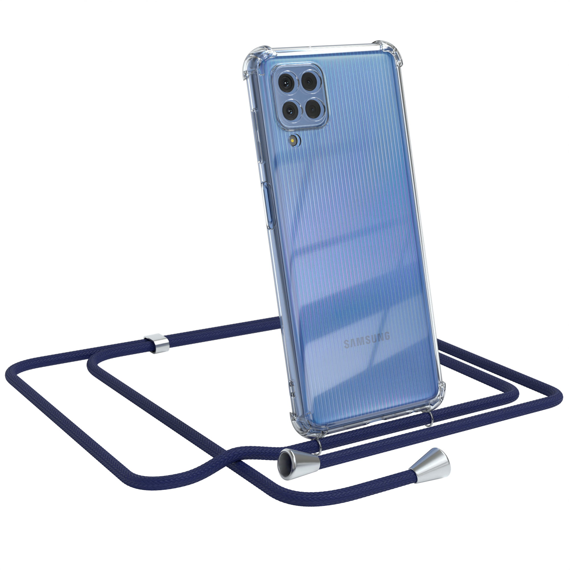 Transparente Handyhülle mit blauem Band. Samsung-Telefon sichtbar. Weißer Hintergrund.