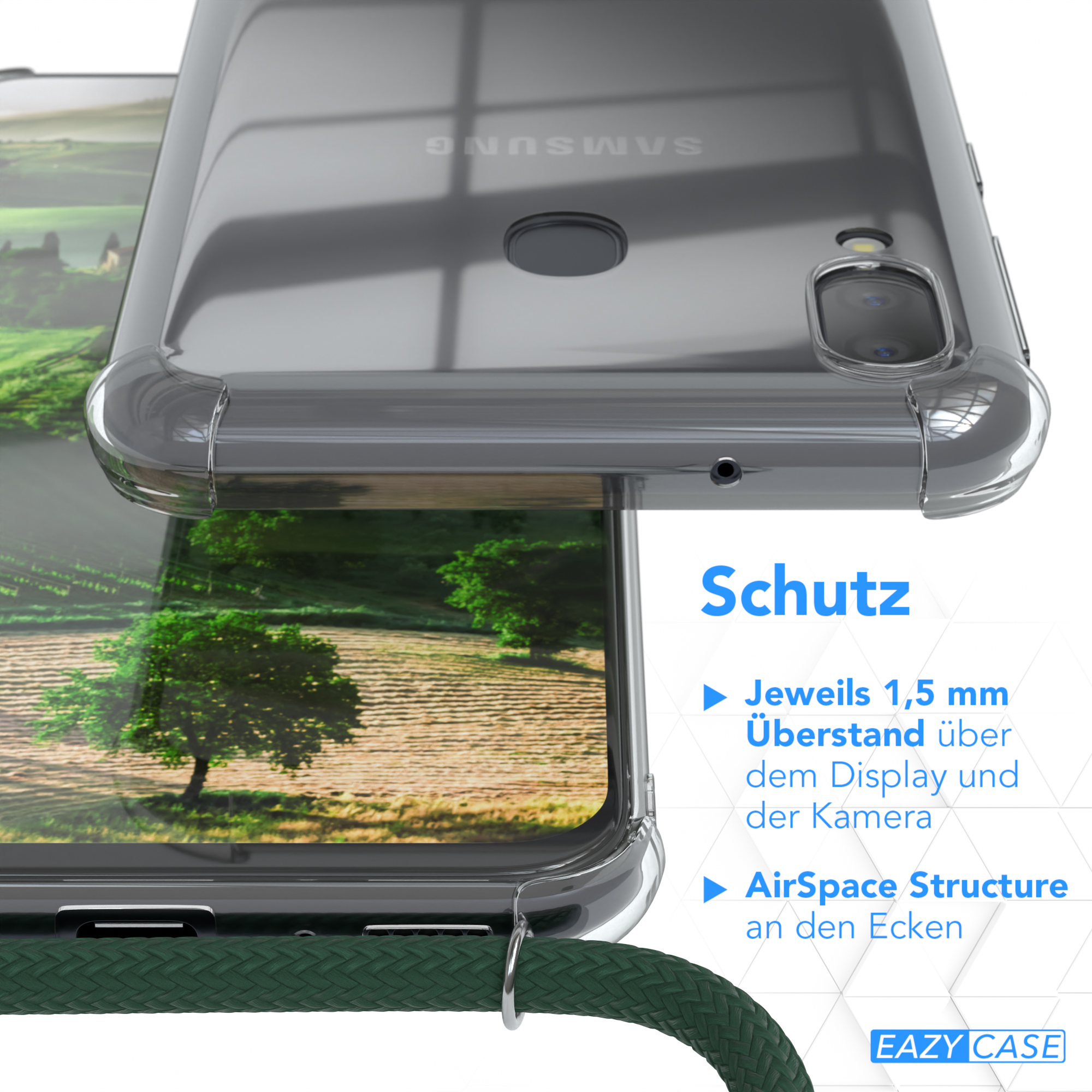 Klare Handyhülle über einem Telefon. Text: Schutz. Merkmale: 1,5 mm Display- & Kameraschutz, AirSpace Structure.