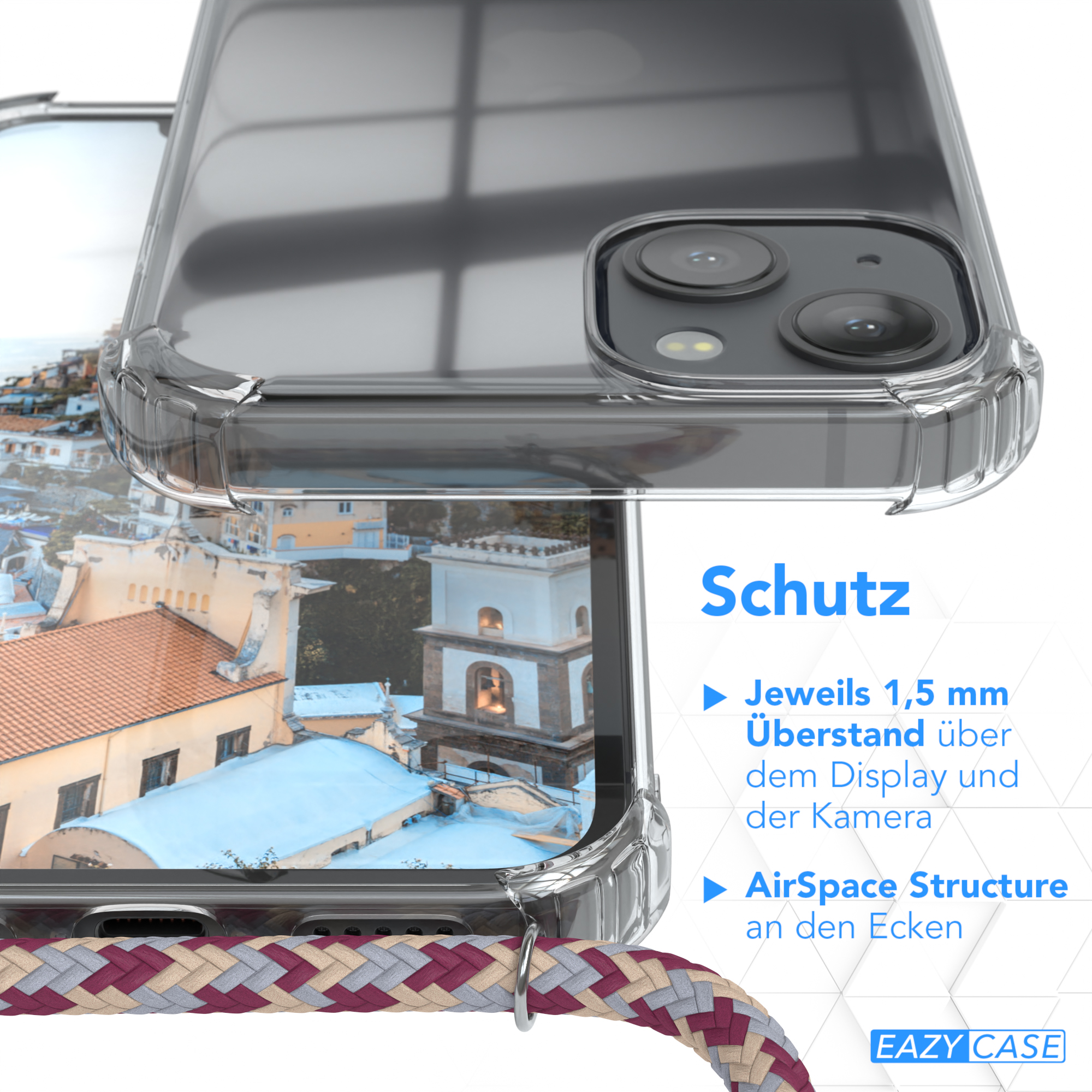 Transparente Handyhülle mit Seil. Im Hintergrund eine Stadtansicht mit klarem Himmel.