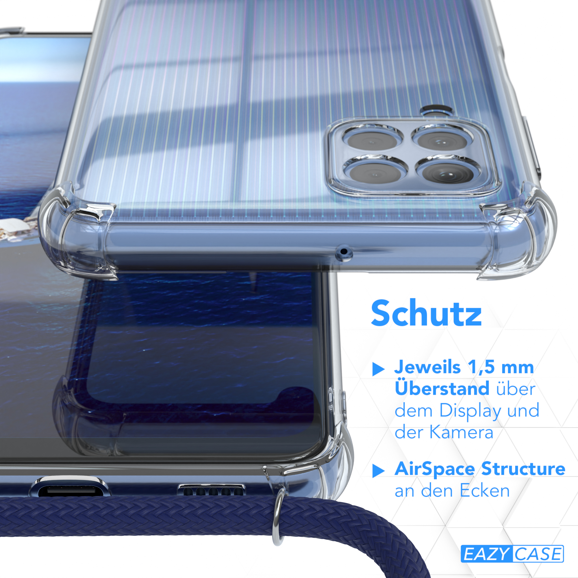 Nahaufnahme einer transparenten Handyhülle. Text: Schutz, AirSpace Structure, 1,5 mm Überstand. Eazy Case Logo.