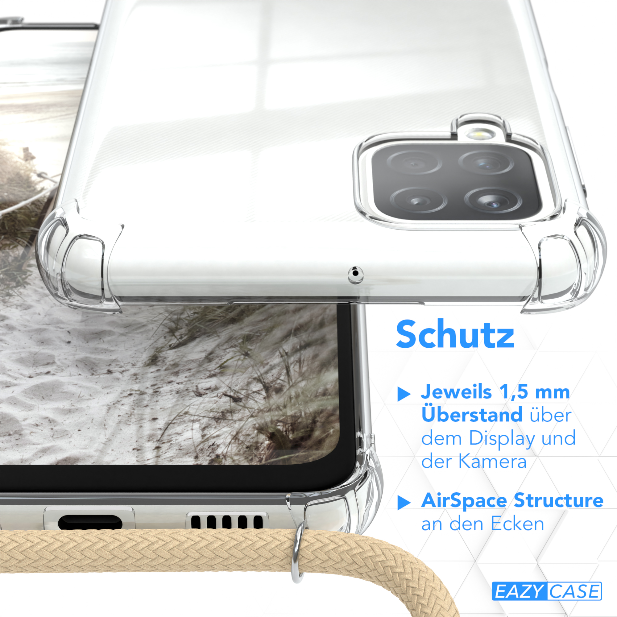 Transparente Handyhülle mit hellbraunem Kordel. Details des Designs, Text: Schutz, und Logo Eazy Case.