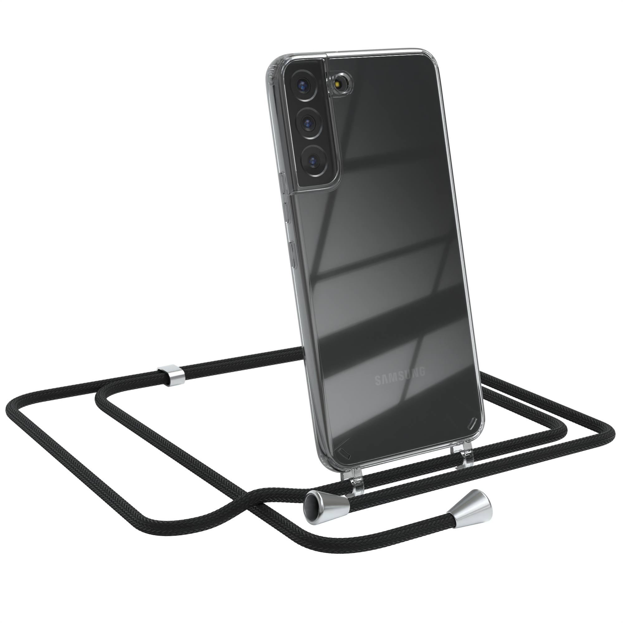 Transparente Handyhülle mit schwarzem Umhängeband, Samsung-Logo. Weißer Hintergrund.