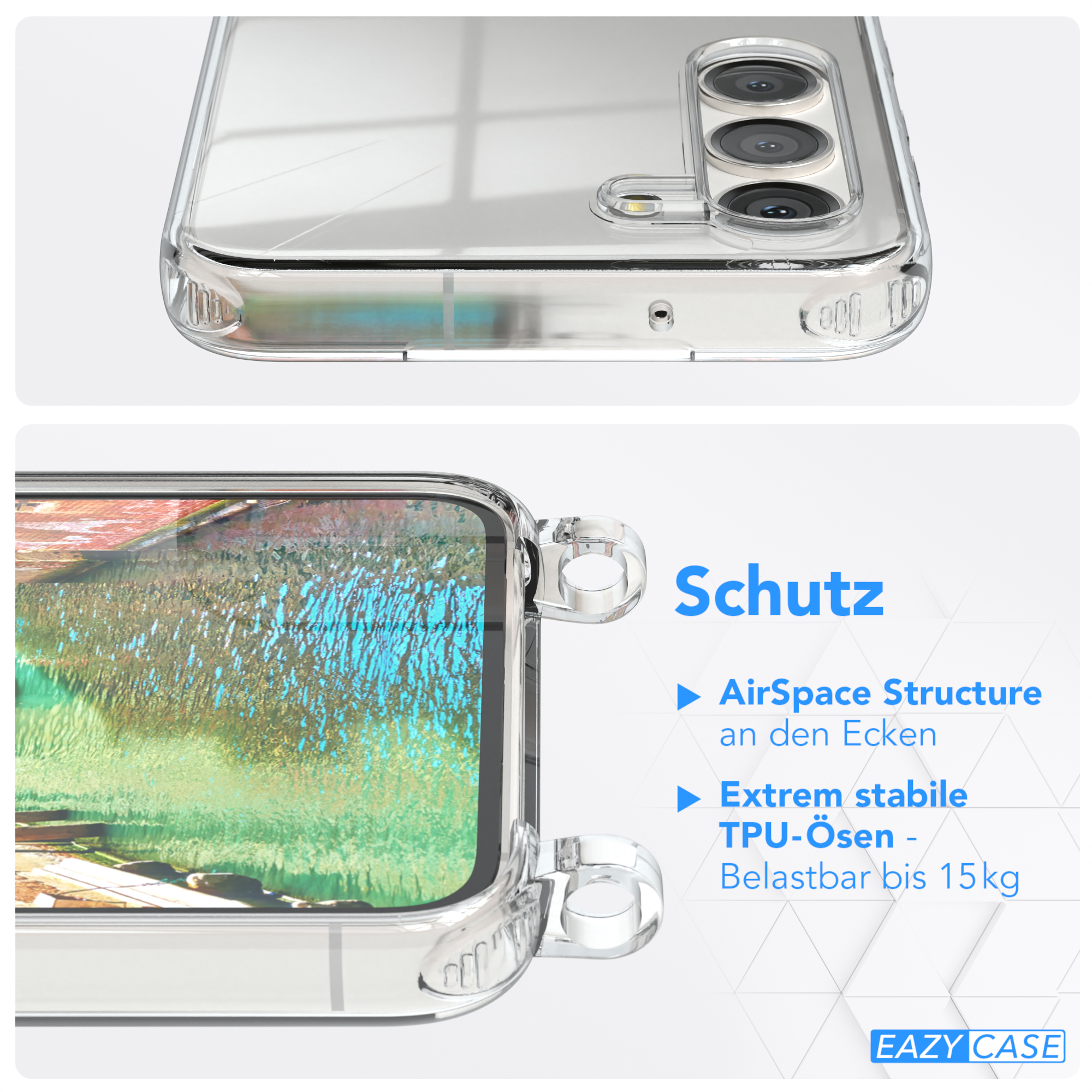 Transparente Handyhülle mit Telefon. Text: 'Schutz' und beschreibt Merkmale.