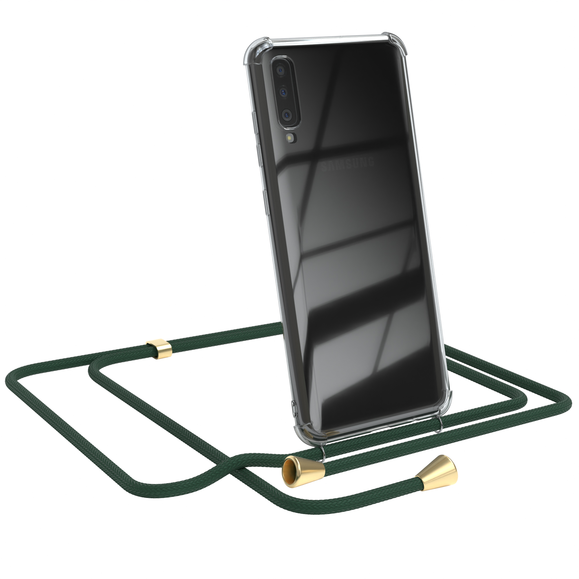 Samsung-Telefon in klarer Hülle mit dunkelgrünem Lanyard. Weißer Hintergrund.