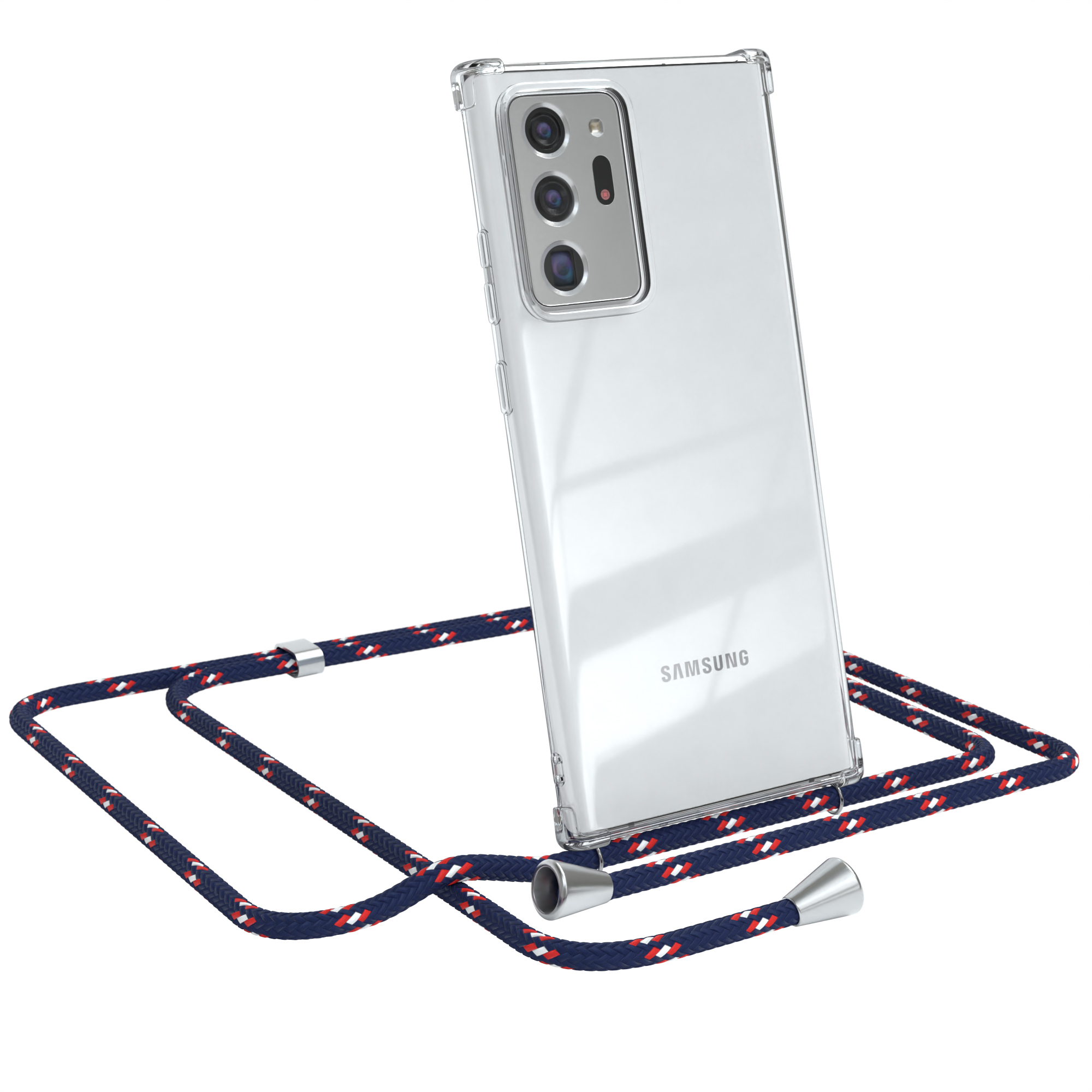 Ein Telefon in einer transparenten Hülle mit einer blau-rot-weißen Kordel. Weißer Hintergrund.