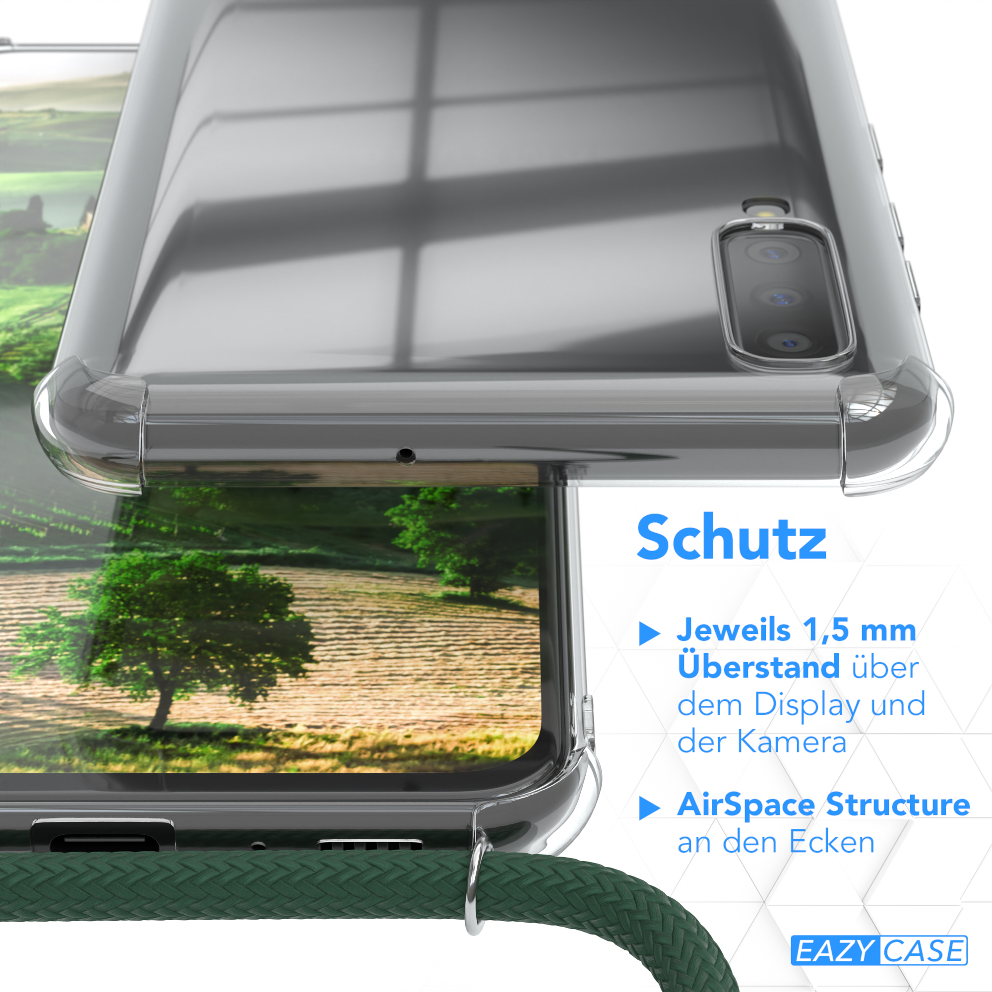 Nahaufnahme einer Handyhülle. Sie ist klar und hat ein grünes Kabel befestigt.