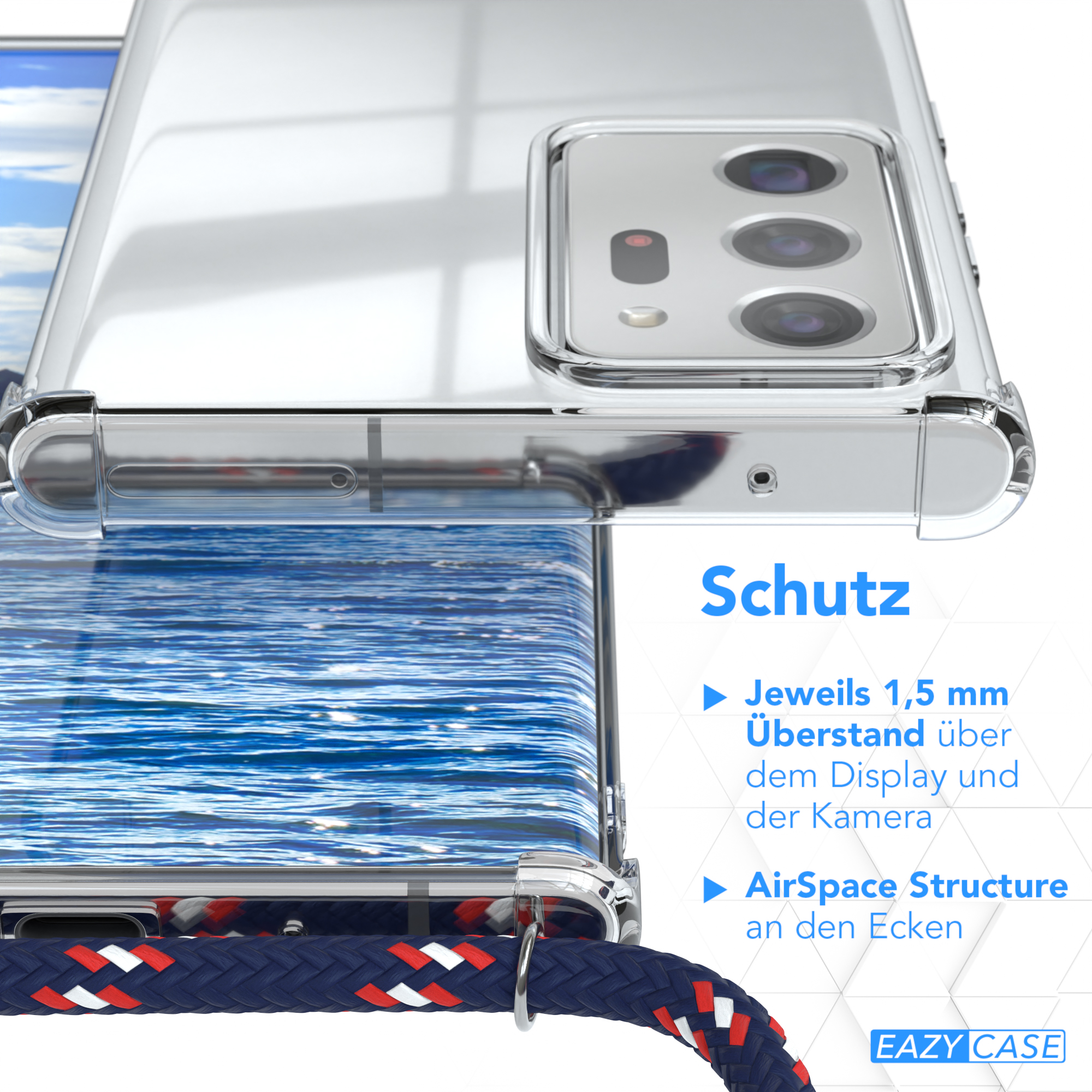Transparente Handyhülle auf Wasserhintergrund. Blaues, rotes und weißes Kabel befestigt.