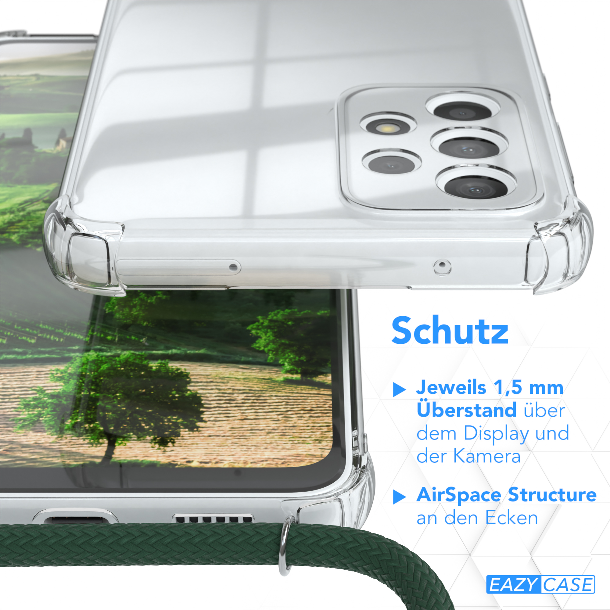 Transparente Handyhülle mit grünem Kordel, die Funktionen und das Design zeigt.