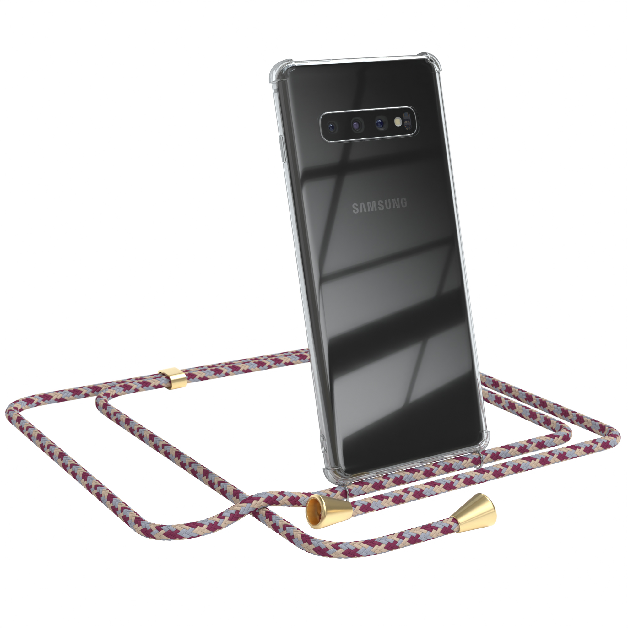 Schwarzes Telefon mit klarer Hülle und bordeauxfarbenem Kabel. Marke Samsung.