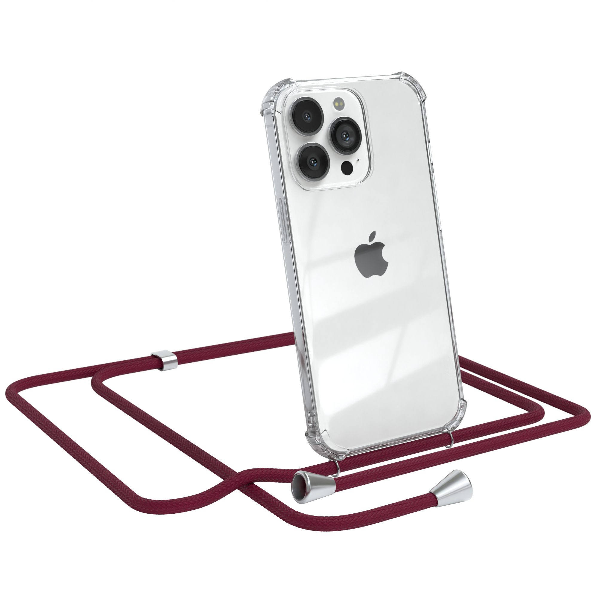 Transparente Handyhülle mit bordeauxfarbenem Band. Das Telefon ist geneigt.