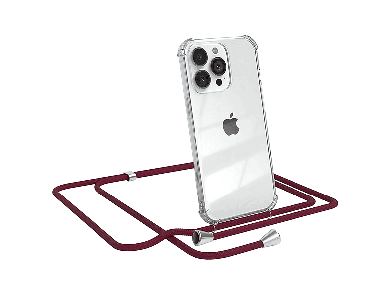 EAZY CASE Clear Cover mit Umhängeband, Umhängetasche, Apple, iPhone 13 Pro, Bordeaux Rot / Clips Silber