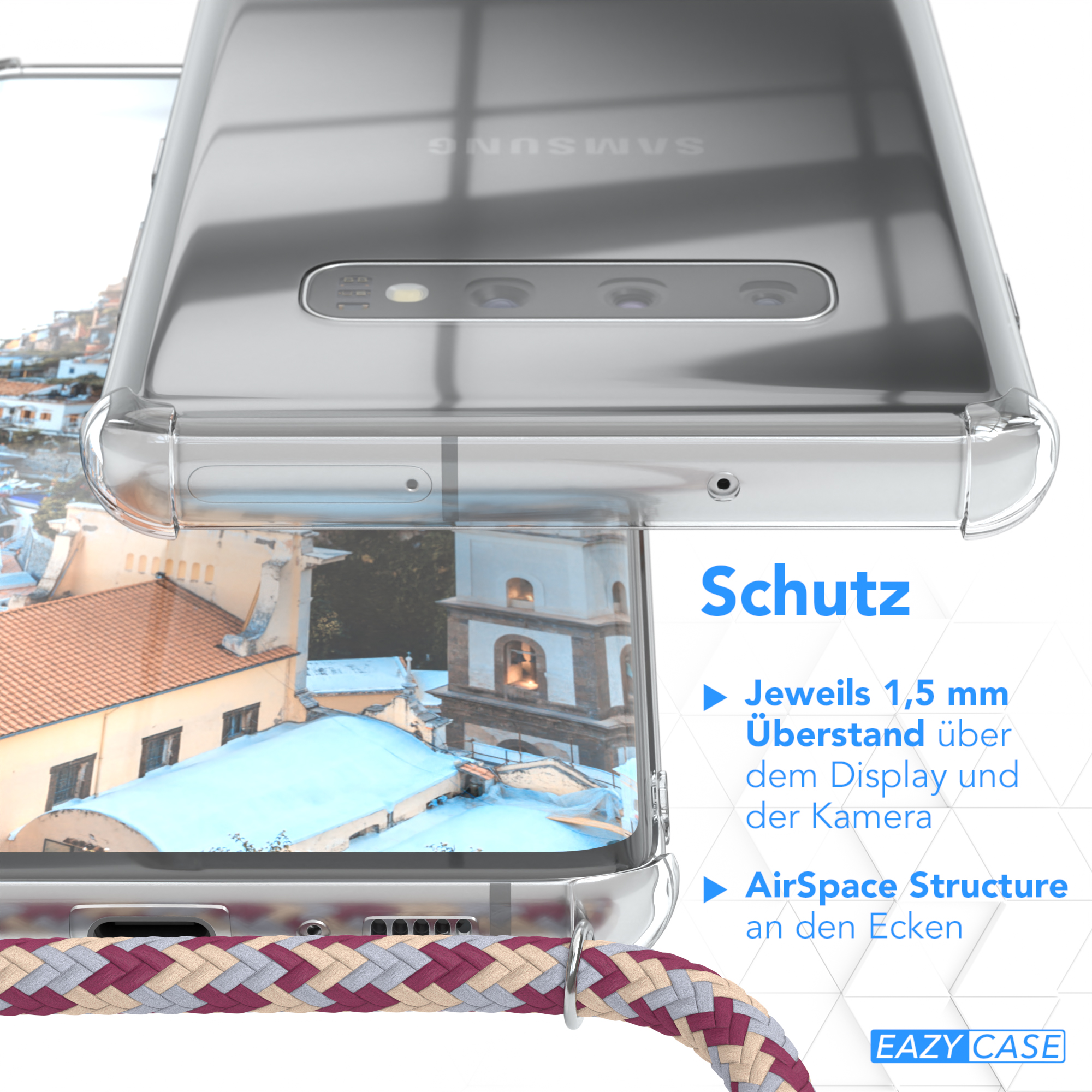 Nahaufnahme einer Handyhülle mit Telefon, zeigt Schutz an Rändern und Kamera.
