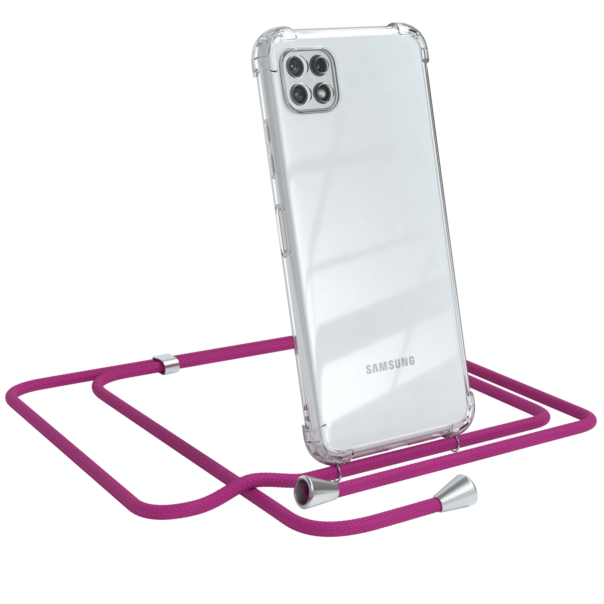 Transparente Handyhülle mit pinkfarbenem Kabel. Telefon ist angewinkelt, zeigt die Rückkameras.