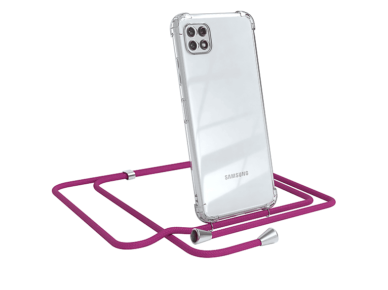 / Clips 5G, EAZY Pink mit Silber Umhängeband, Umhängetasche, Cover A22 CASE Samsung, Galaxy Clear