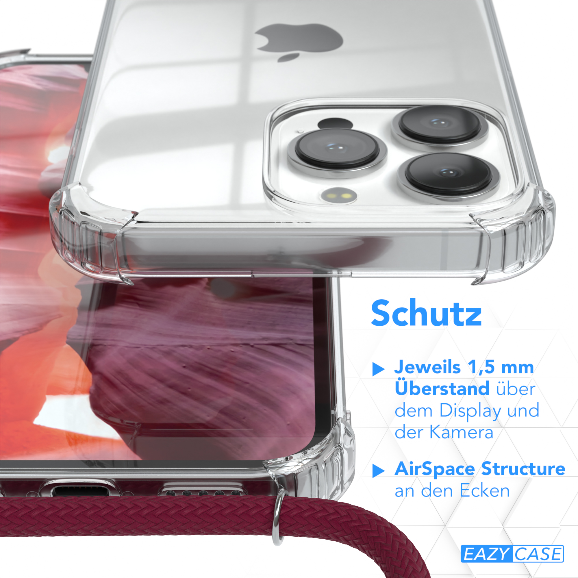Nahaufnahme einer durchsichtigen Handyhülle mit Telefon, Text und einem Riemen.