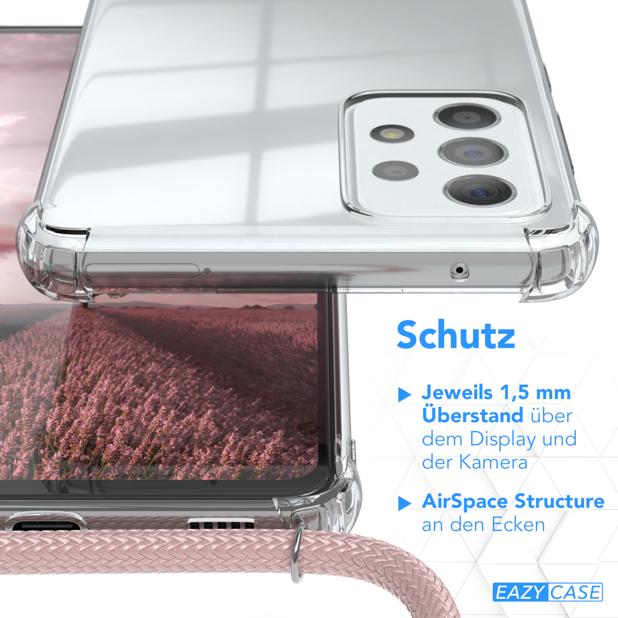 Transparente Handyhülle mit Text. Zeigt Schutzdetails.