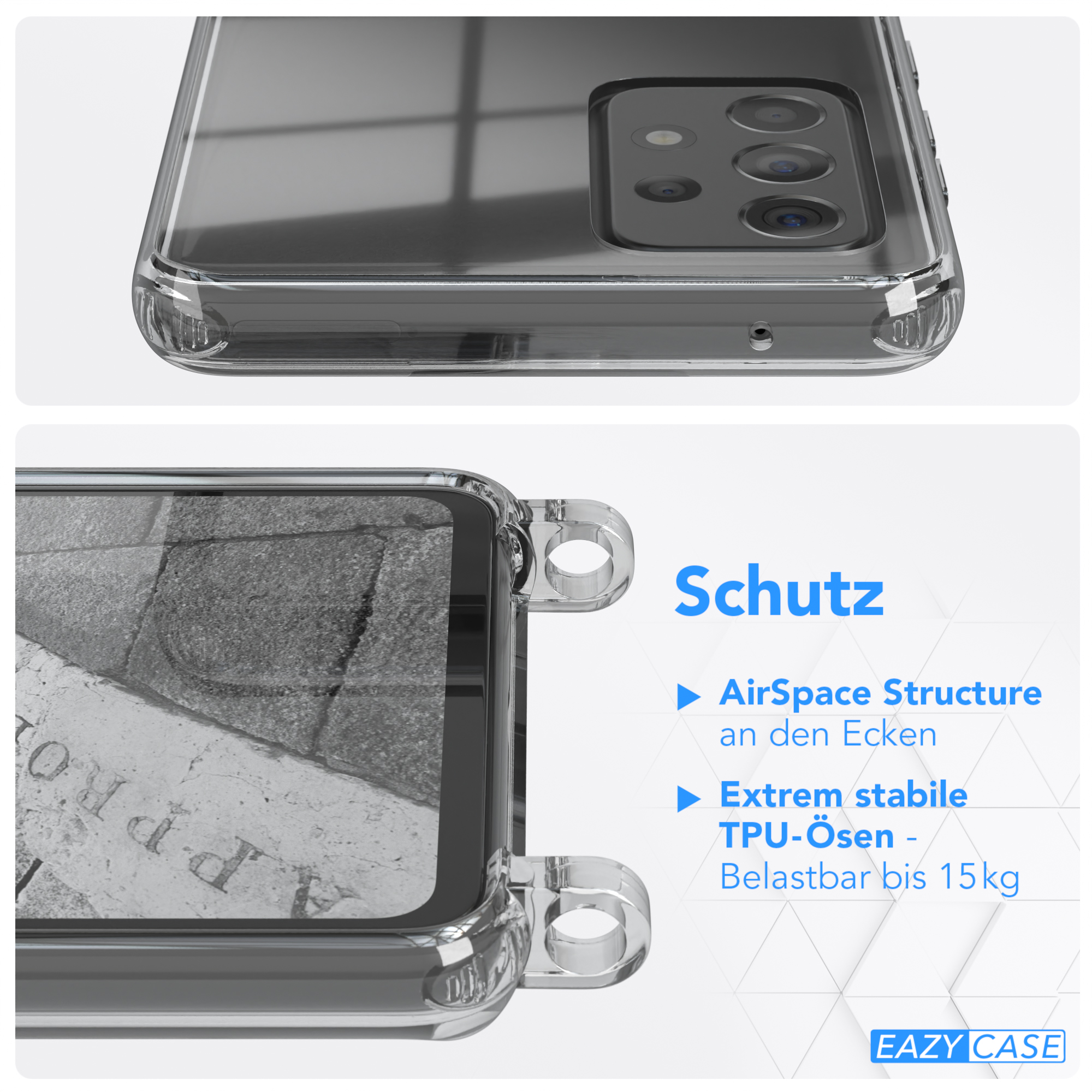 Eine transparente Handyhülle mit Text und einem Telefon darin, mit weißem Hintergrund.