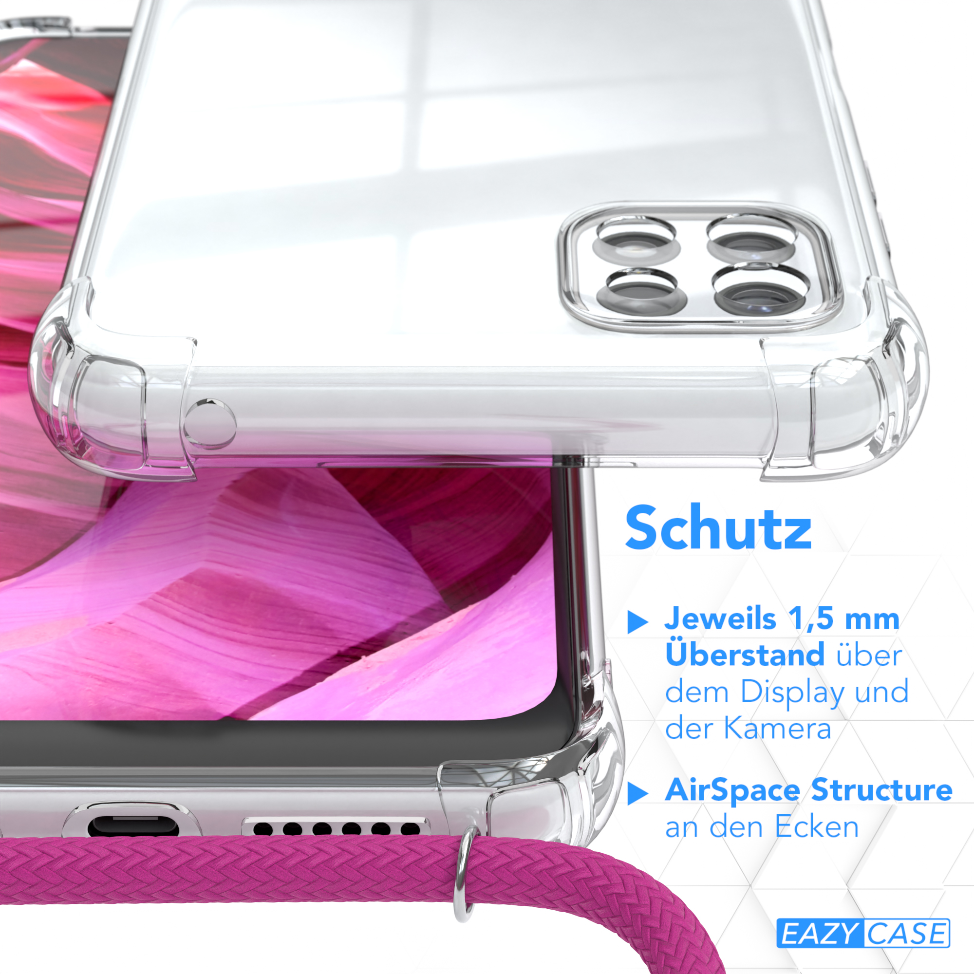 Eine transparente Handyhülle mit rosa Kordel wird gezeigt. Text beschreibt Funktionen.