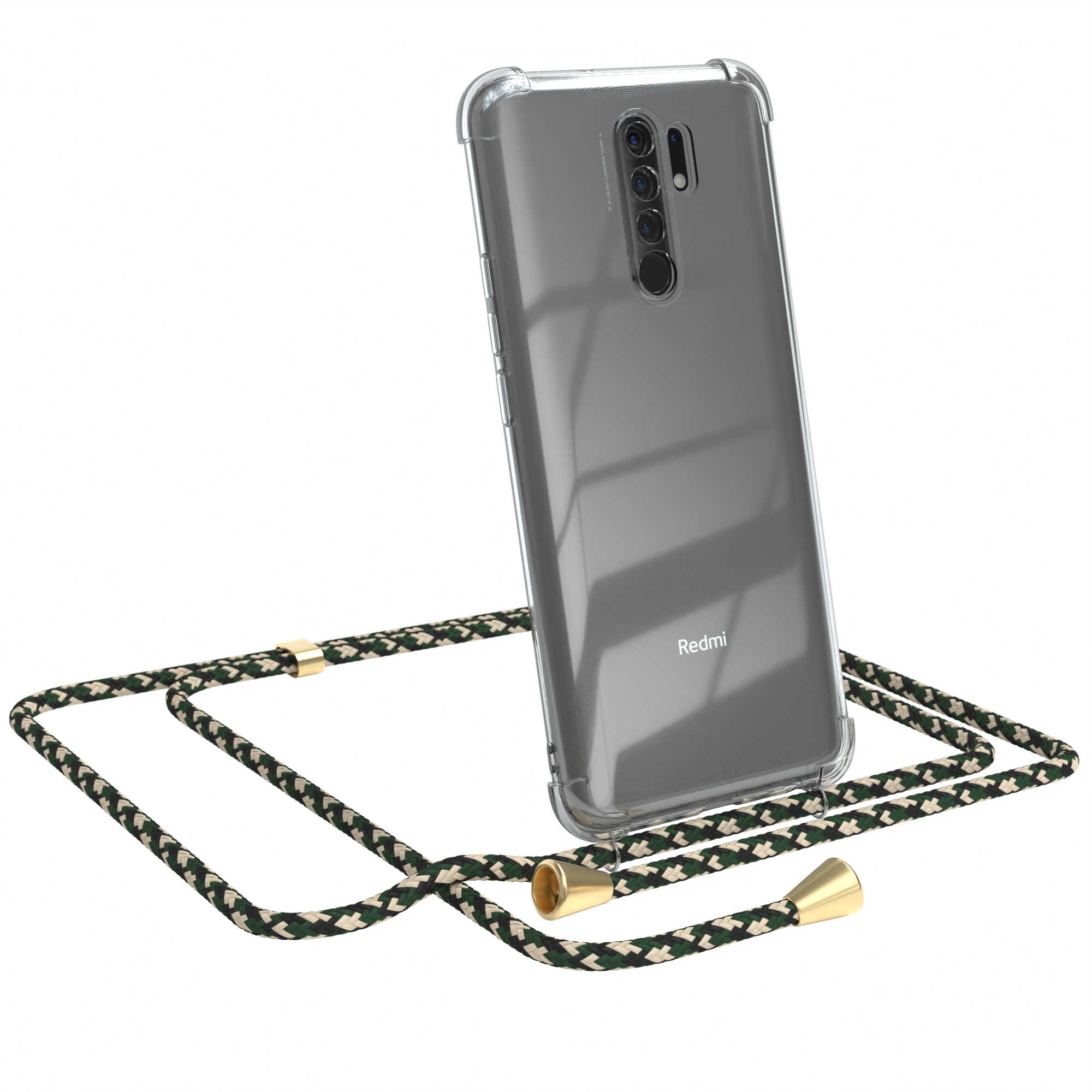 Transparente Redmi-Handyhülle mit grünem Kordel. Redmi sichtbar. Weißer Hintergrund.