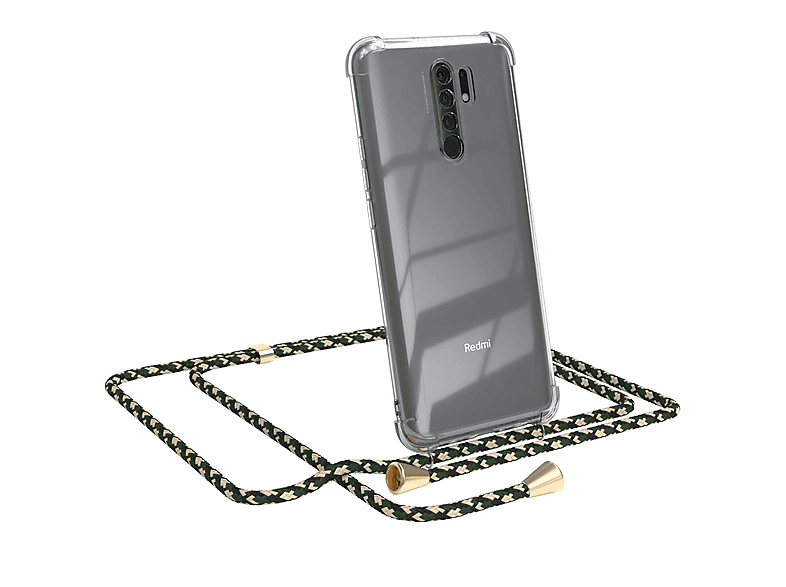 EAZY CASE Clear Cover mit Umhängeband, Umhängetasche, Xiaomi, Redmi 9 / Redmi 9 Prime, Grün Camouflage / Clips Gold
