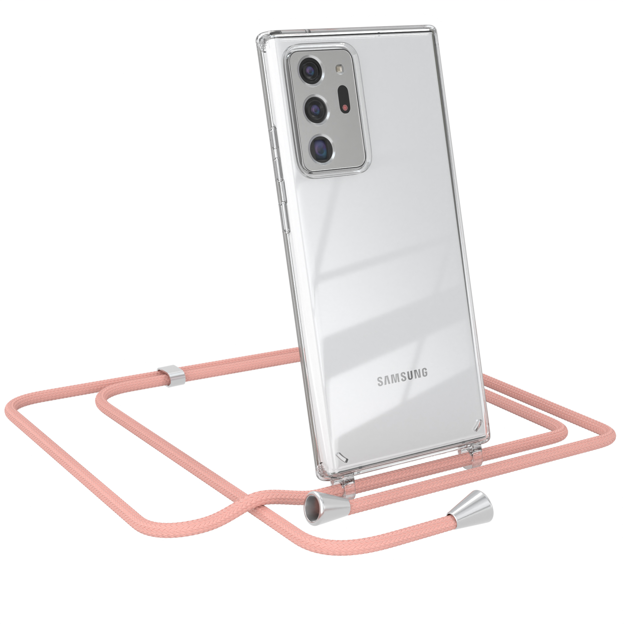 Transparente Handyhülle mit pfirsichfarbenem Seilriemen, silbernen Akzenten und Samsung-Handy.