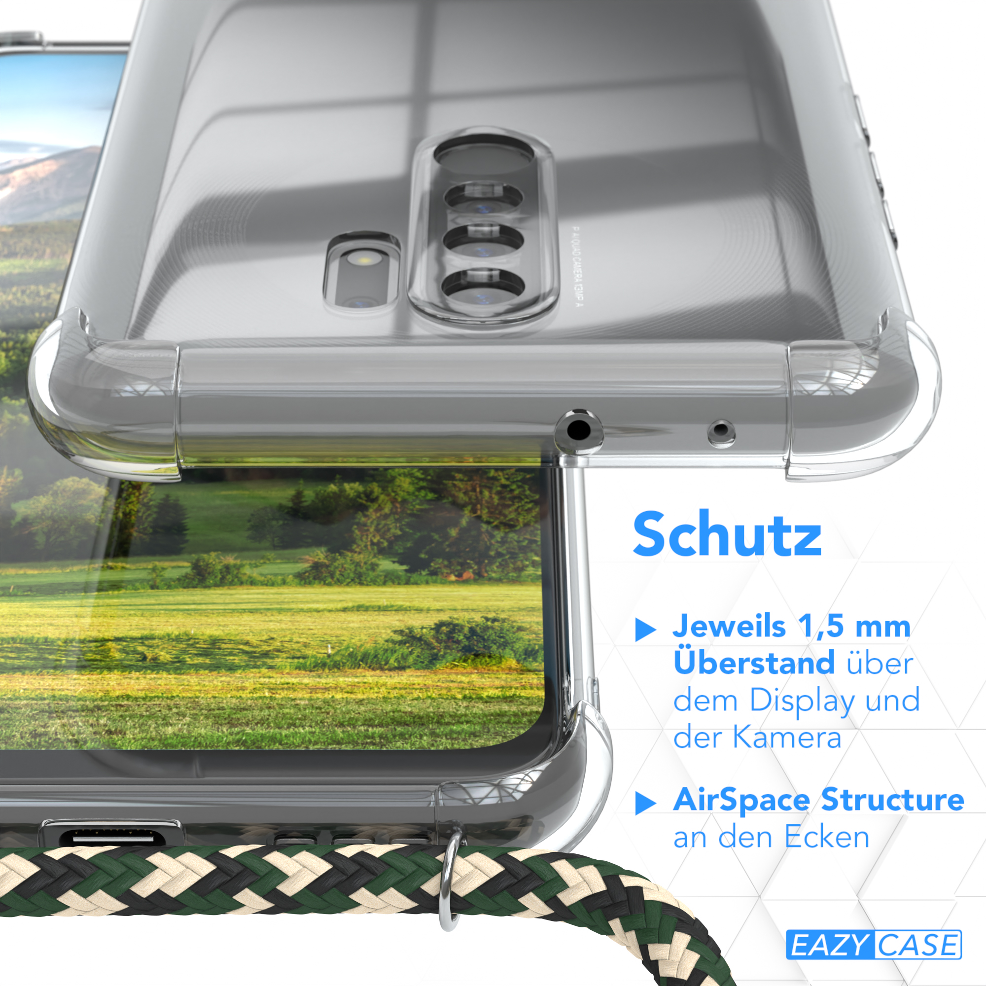 Nahaufnahme einer durchsichtigen Handyhülle. Details umfassen Kameraaussparungen und einen grün-schwarzen Handyriemen.