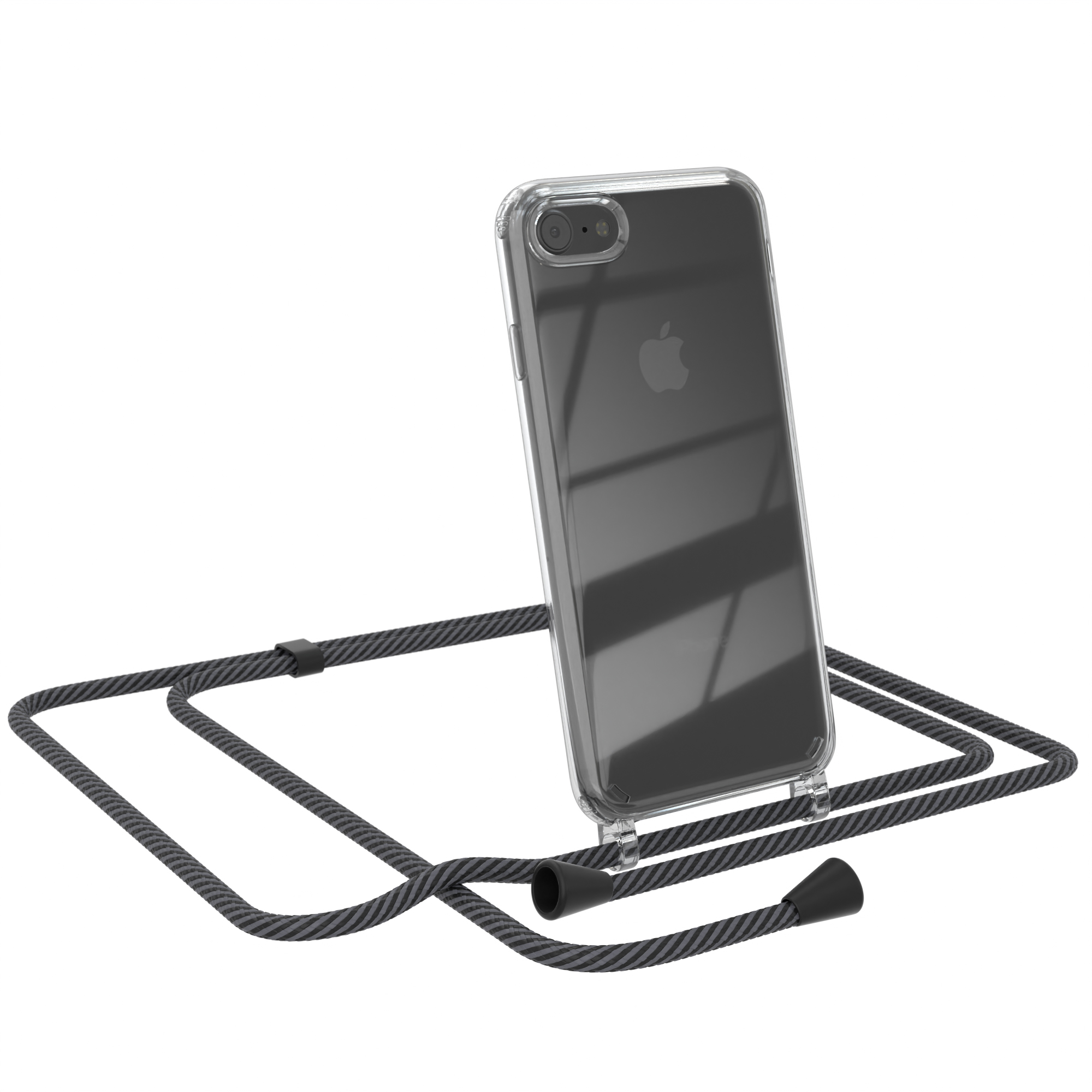 Transparente Handyhülle mit weißem Umhängeband. Das Telefon hat drei Kameras, es ist ein Samsung.