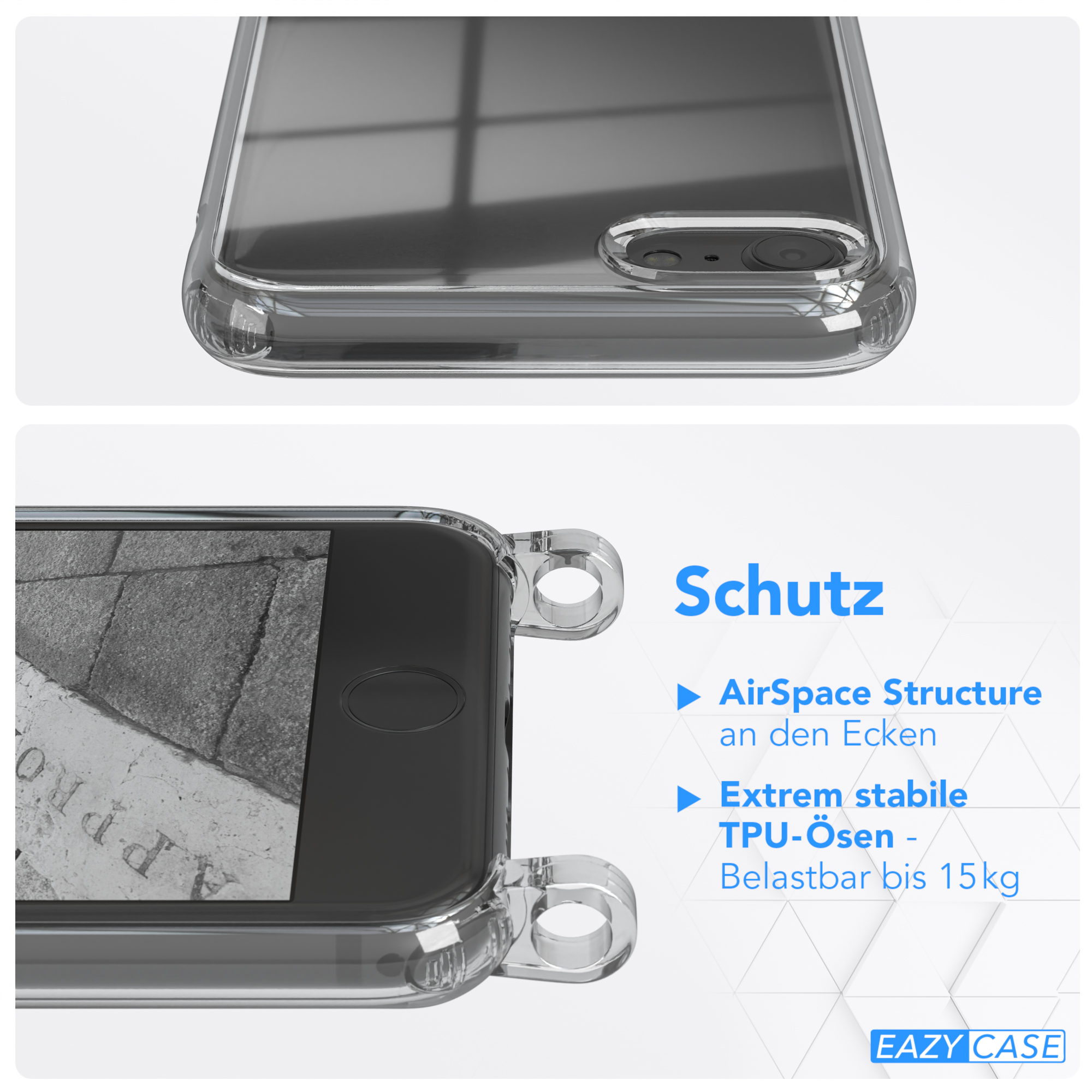 Nahaufnahme einer transparenten Handyhülle mit Schutzfunktionen. Text: AirSpace-Struktur, stabile TPU-Ösen.