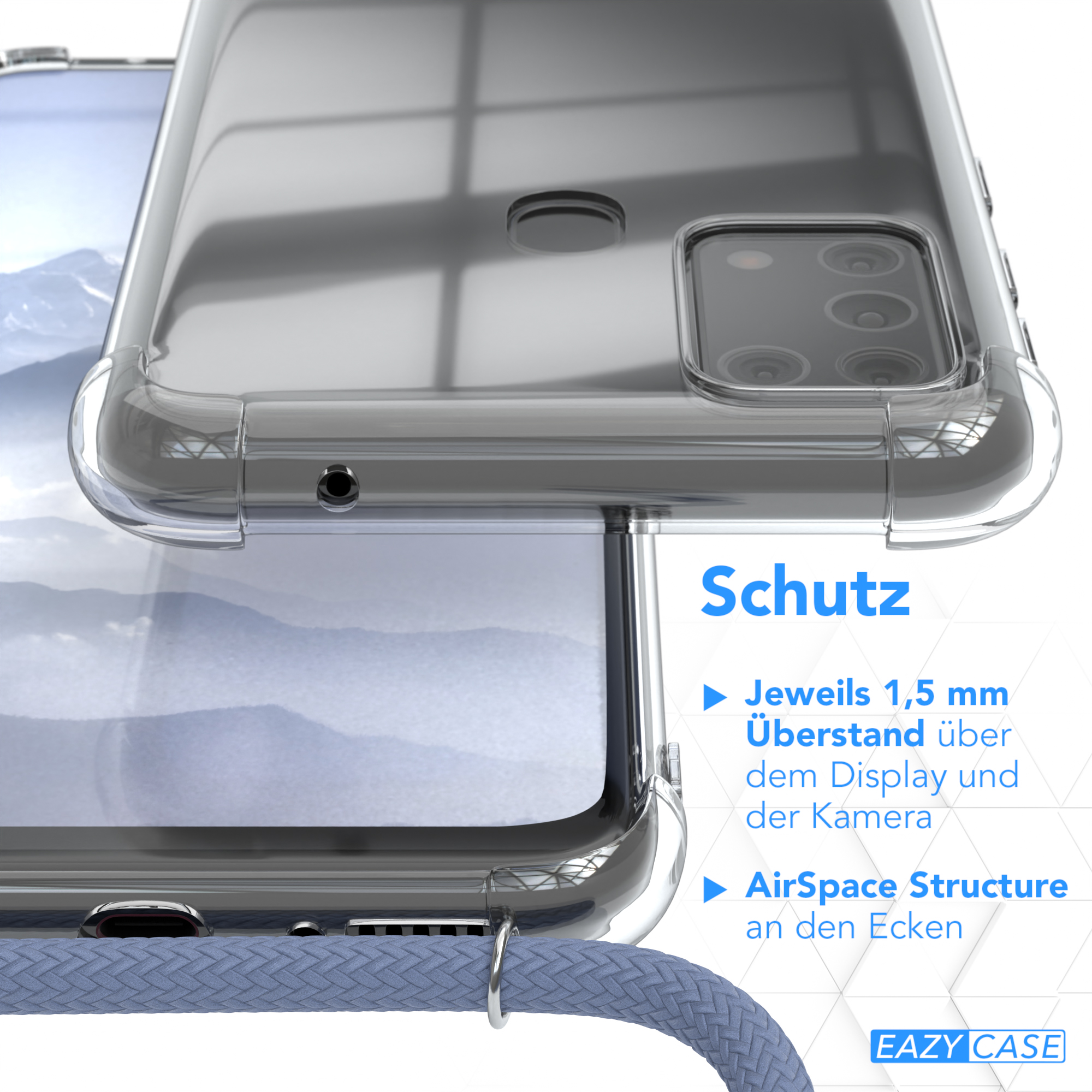 Nahaufnahme einer transparenten Handyhülle. Text: Schutz, AirSpace Structure, 1,5 mm Überstand. Eazy Case Logo.