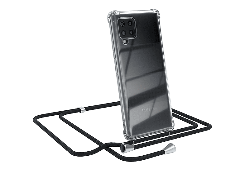 EAZY CASE Clear Cover mit Umhängeband, Umhängetasche, Samsung, Galaxy A42 5G, Schwarz / Clips Silber