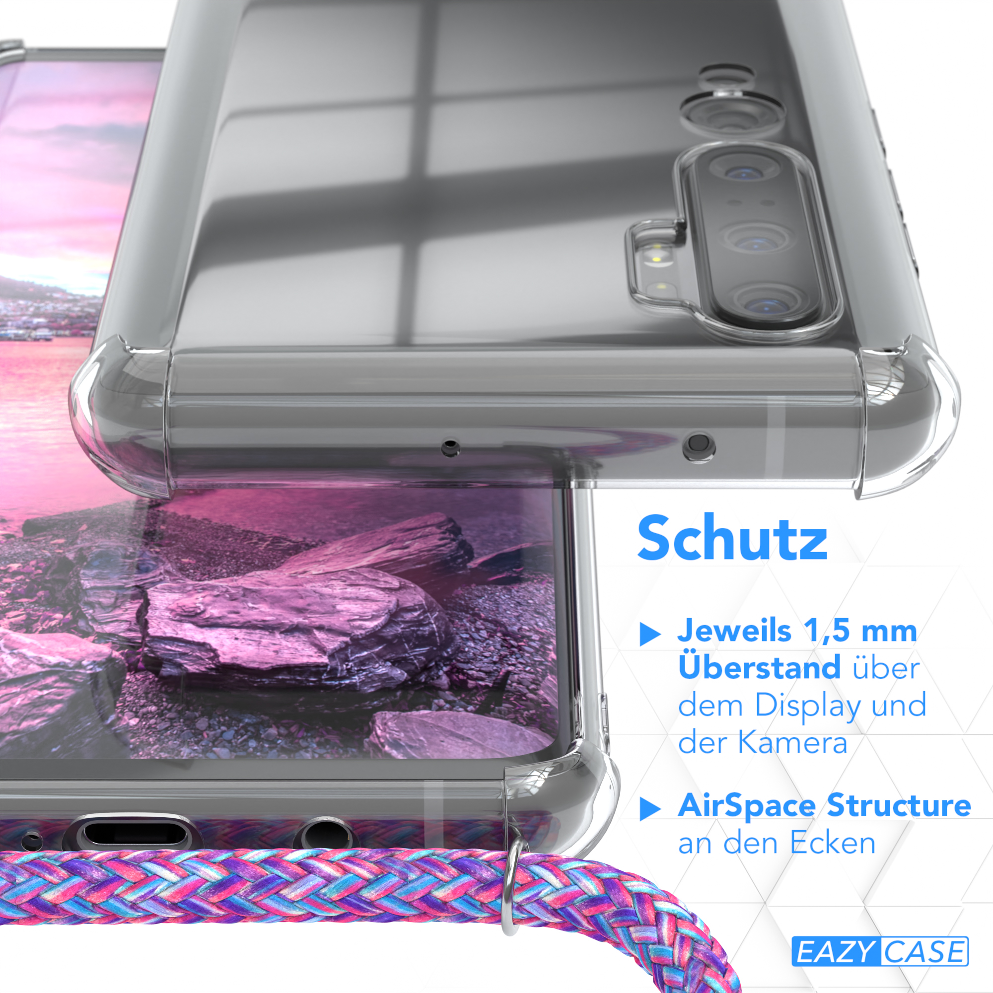 Transparente Handyhülle auf einem Handy. Text auf Deutsch beschreibt Funktionen. Ein lila-blauer Gurt ist verbunden.