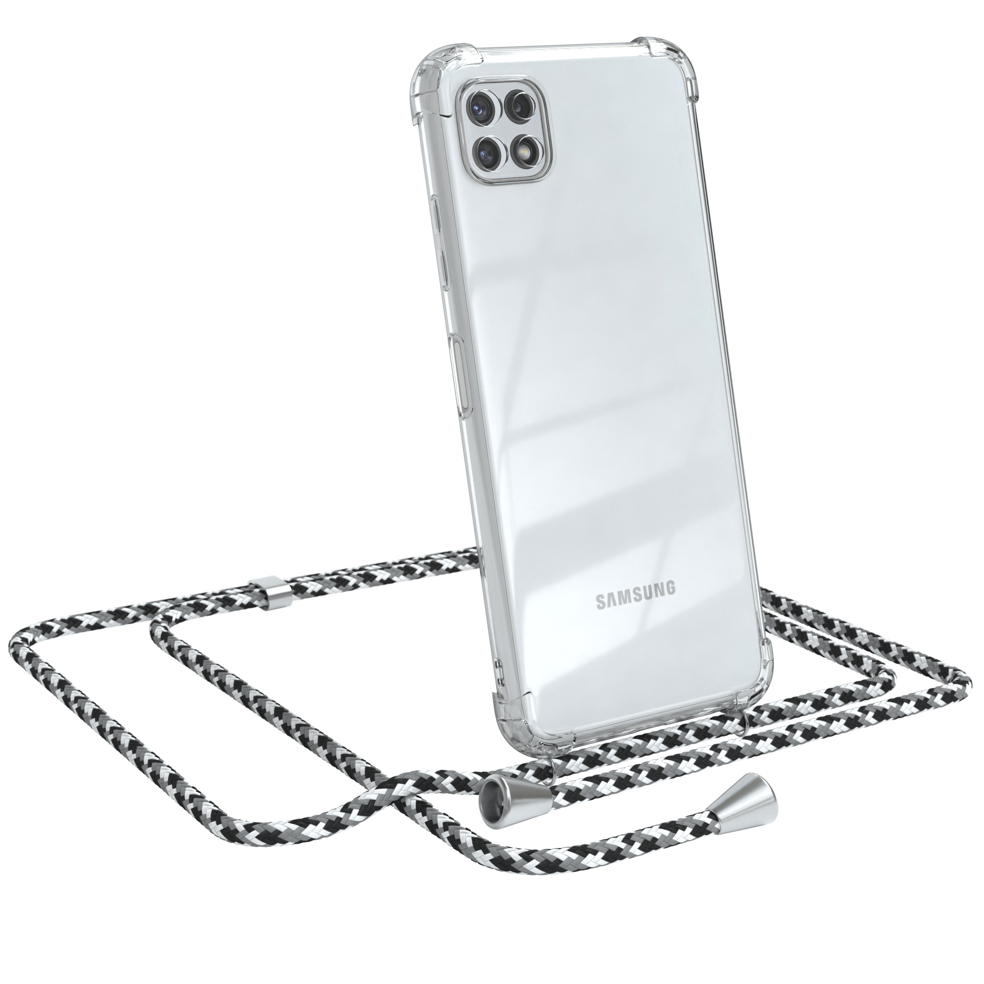 Telefon in klarer Hülle mit schwarz/weißem Umhängeband. Telefon geneigt, Kameras zeigend. Weißer Hintergrund.