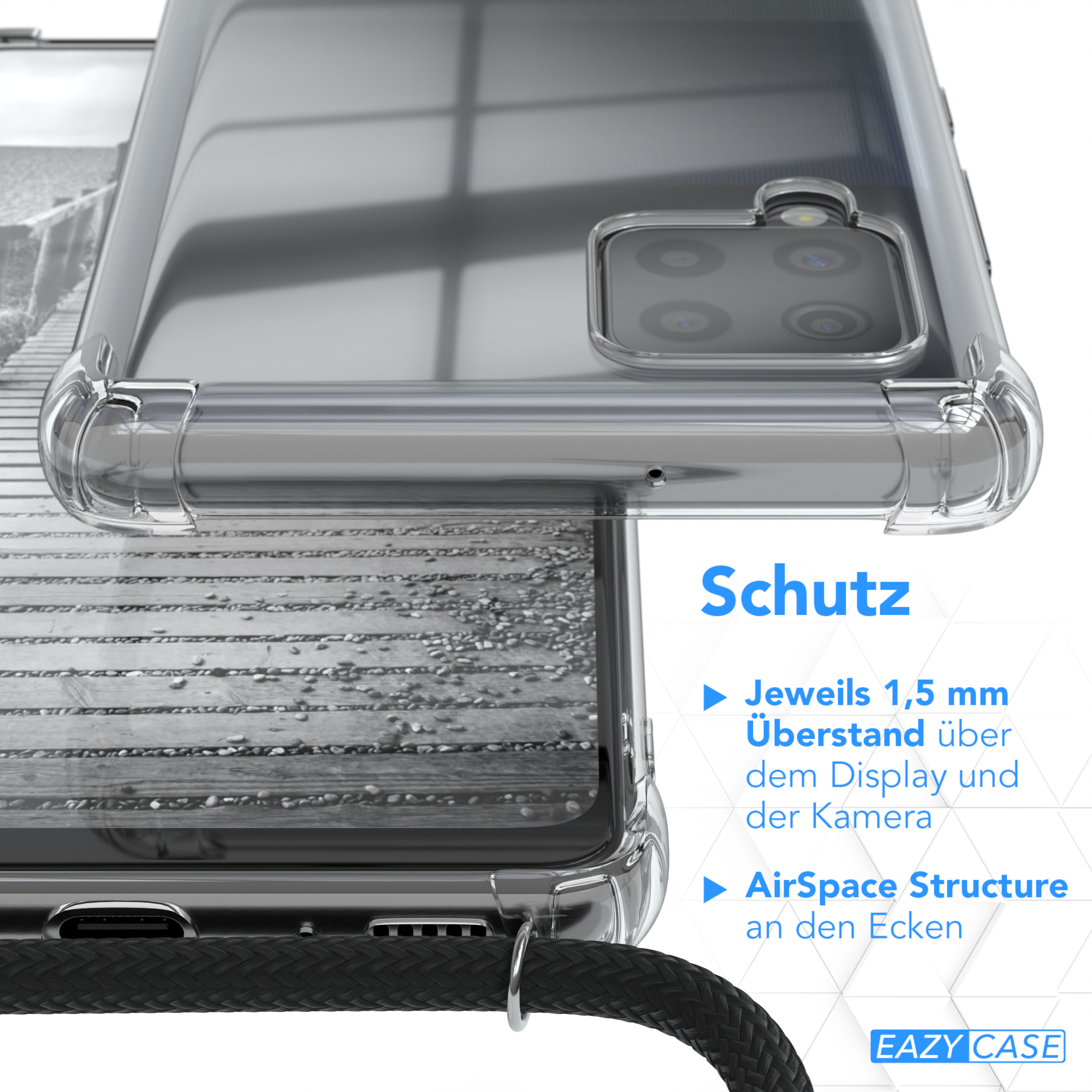 Nahaufnahme einer Handyhülle. Text: 'Schutz', '1,5 mm Überstand', 'AirSpace Structure'.